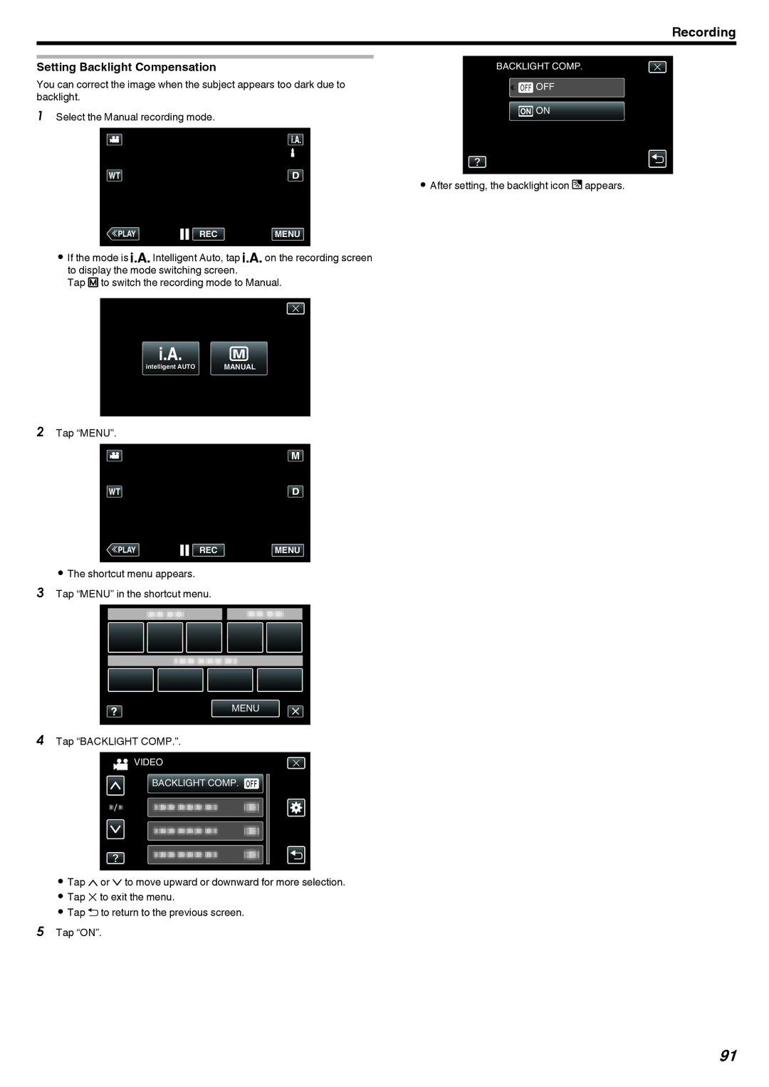 JVC LYT2473-002A manual Setting Backlight Compensation, Tap Backlight Comp, After setting, the backlight icon l appears 