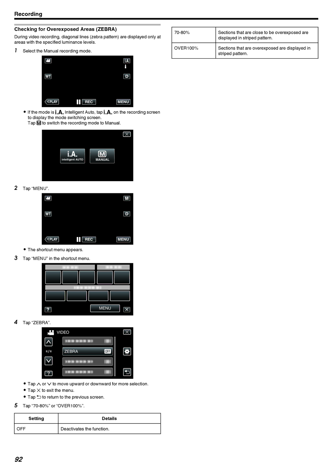 JVC LYT2473-002A manual Checking for Overexposed Areas Zebra, Tap Zebra, Deactivates the function 