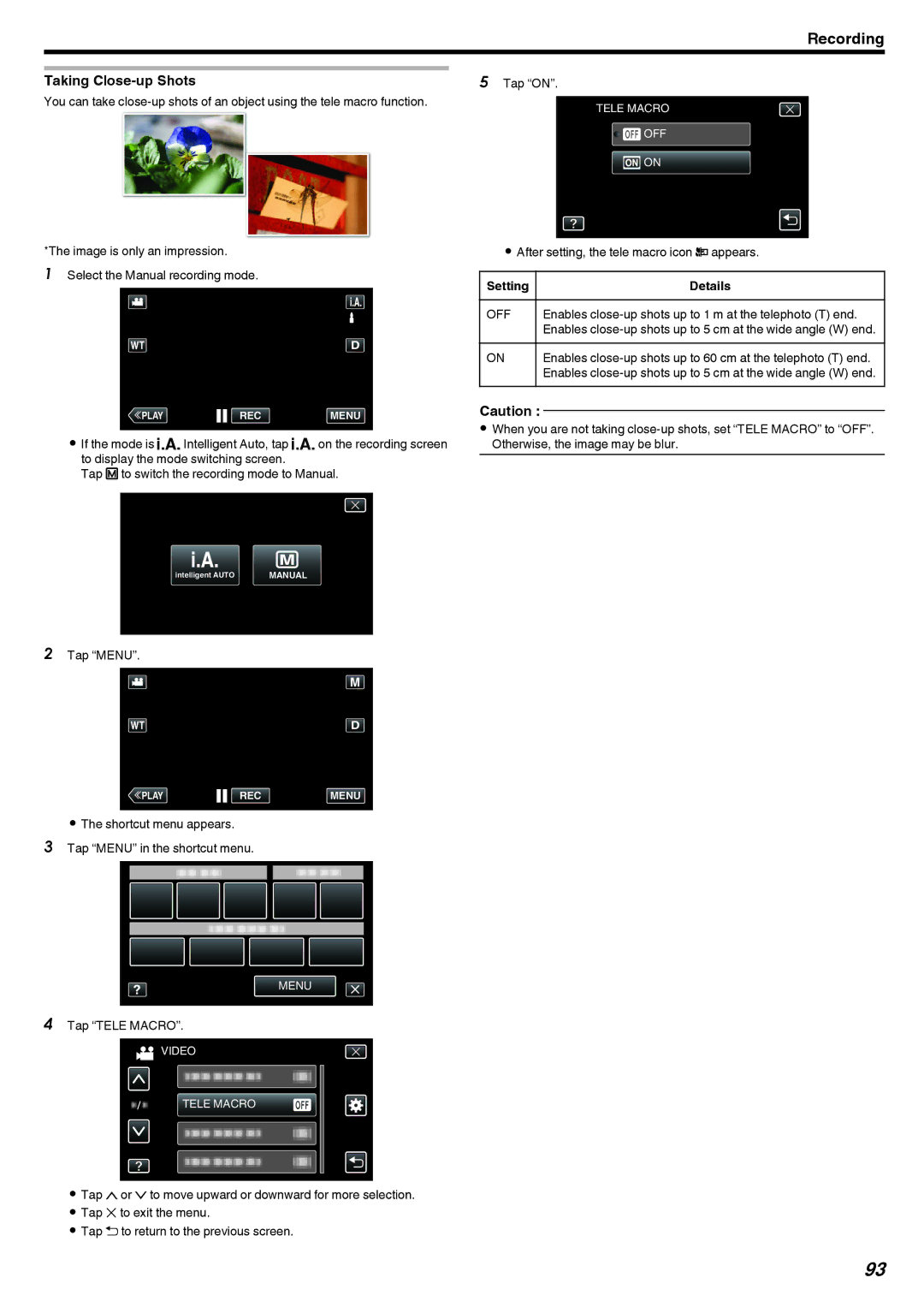 JVC LYT2473-002A manual Taking Close-up Shots, Off 