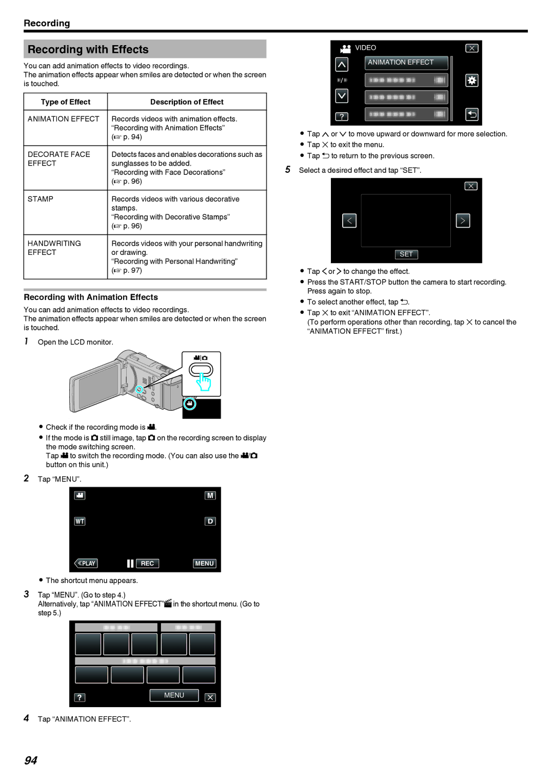 JVC LYT2473-002A manual Recording with Effects, Recording with Animation Effects, Type of Effect Description of Effect 