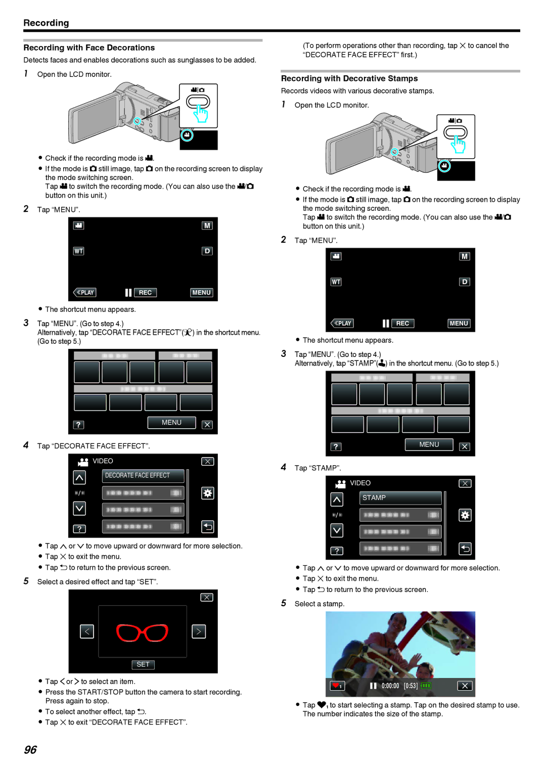 JVC LYT2473-002A Recording with Face Decorations, Recording with Decorative Stamps, Tap Decorate Face Effect, Tap Stamp 