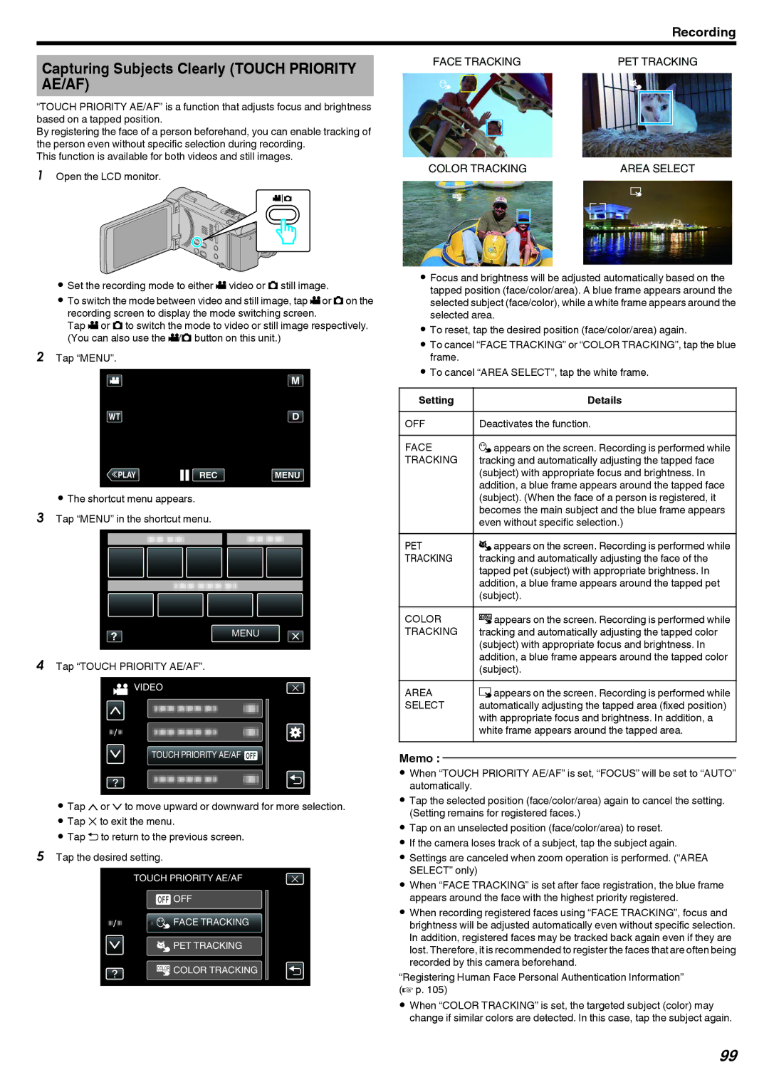 JVC LYT2473-002A manual Capturing Subjects Clearly Touch Priority AE/AF 