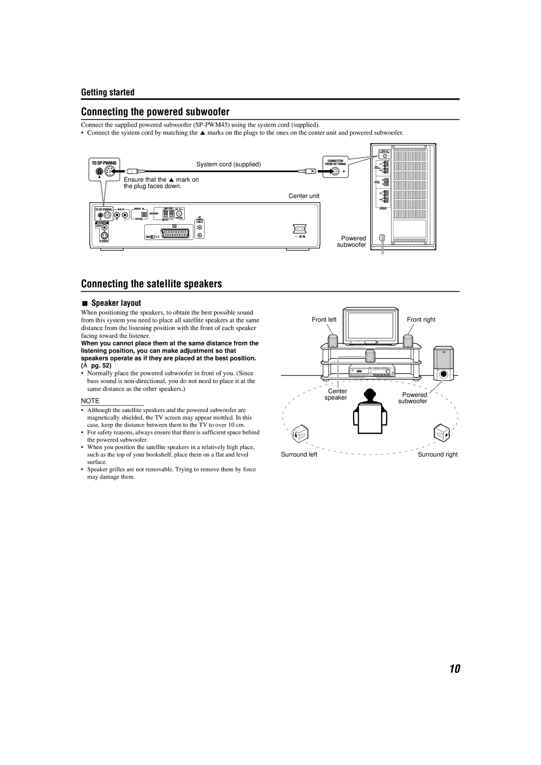 JVC M45 manual Connecting the powered subwoofer, Connecting the satellite speakers, Speaker layout 