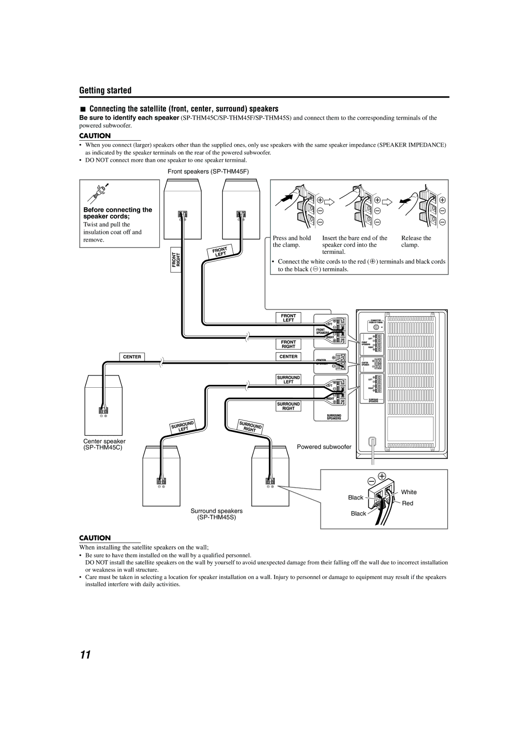 JVC M45 manual Connecting the satellite front, center, surround speakers, Before connecting the speaker cords 