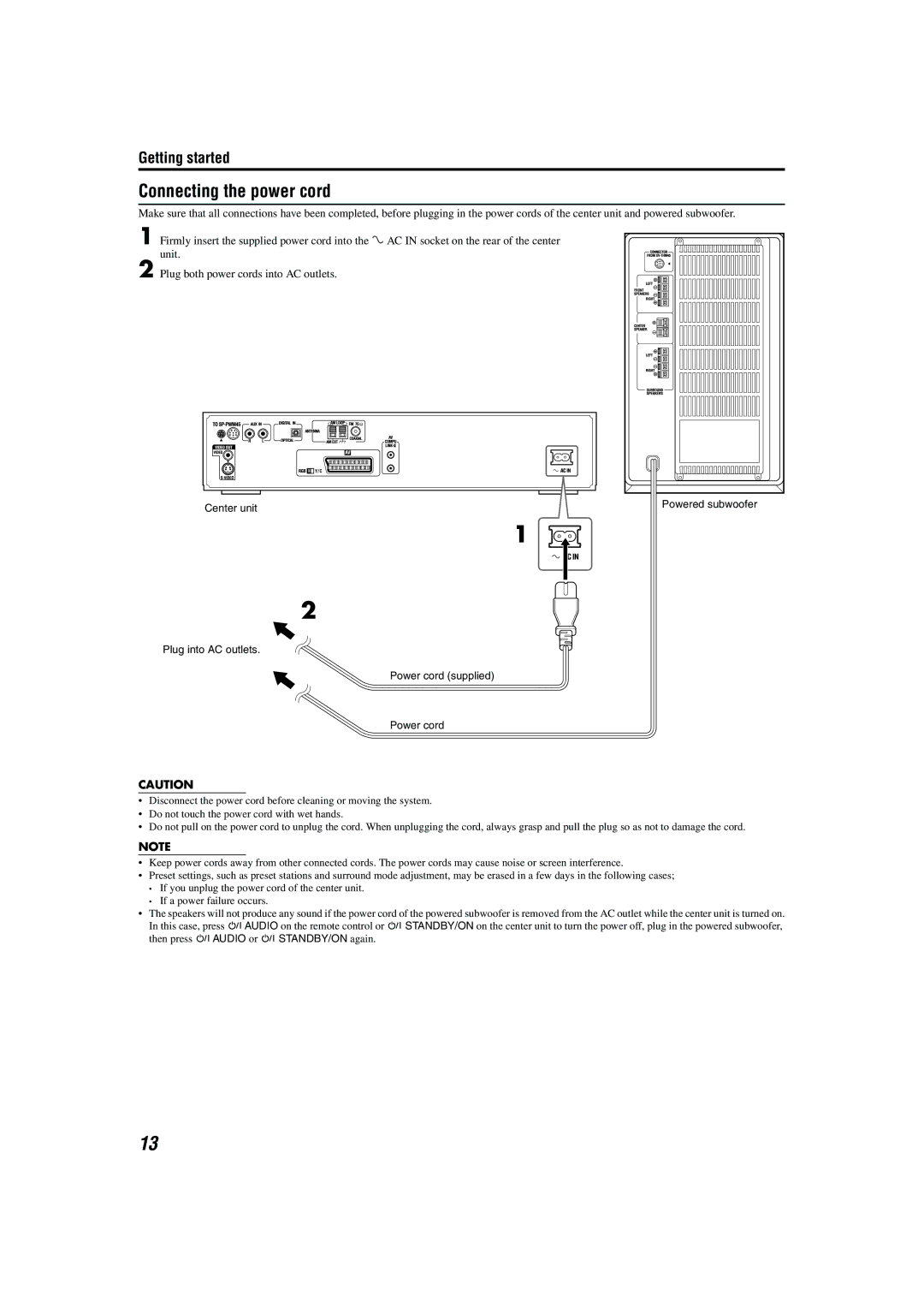 JVC M45 manual Connecting the power cord, Plug into AC outlets Power cord supplied 