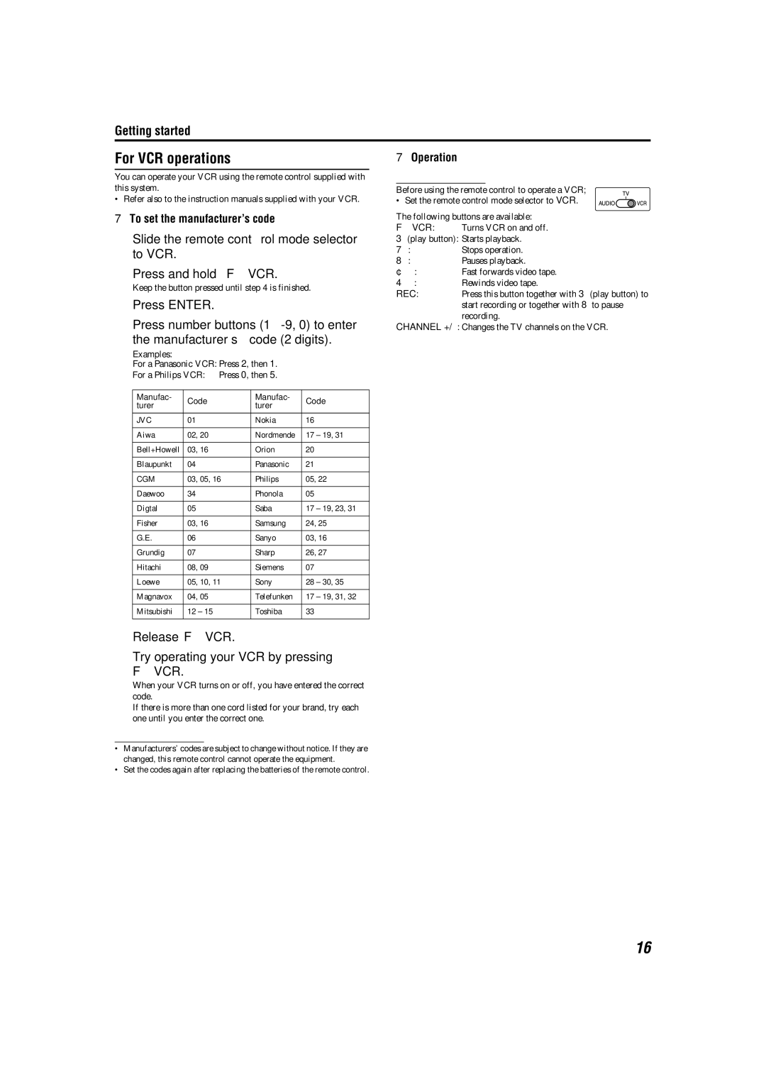 JVC M45 manual For VCR operations, Release F VCR Try operating your VCR by pressing 