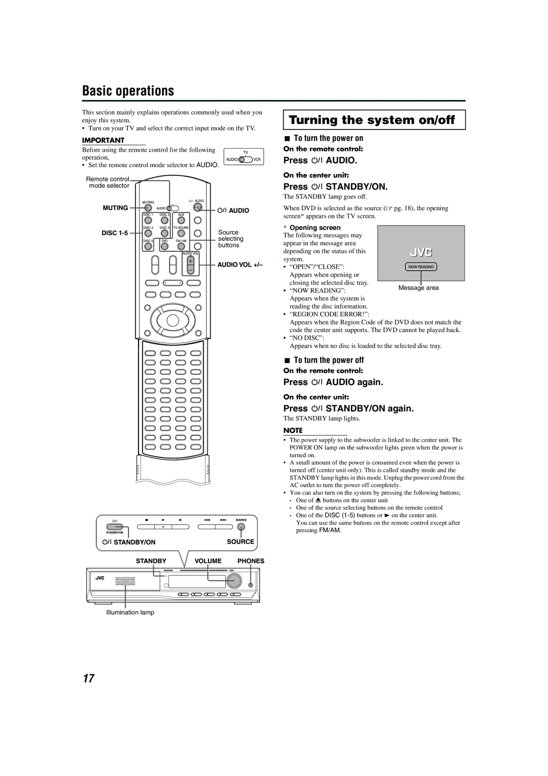 JVC M45 manual Basic operations, Turning the system on/off 