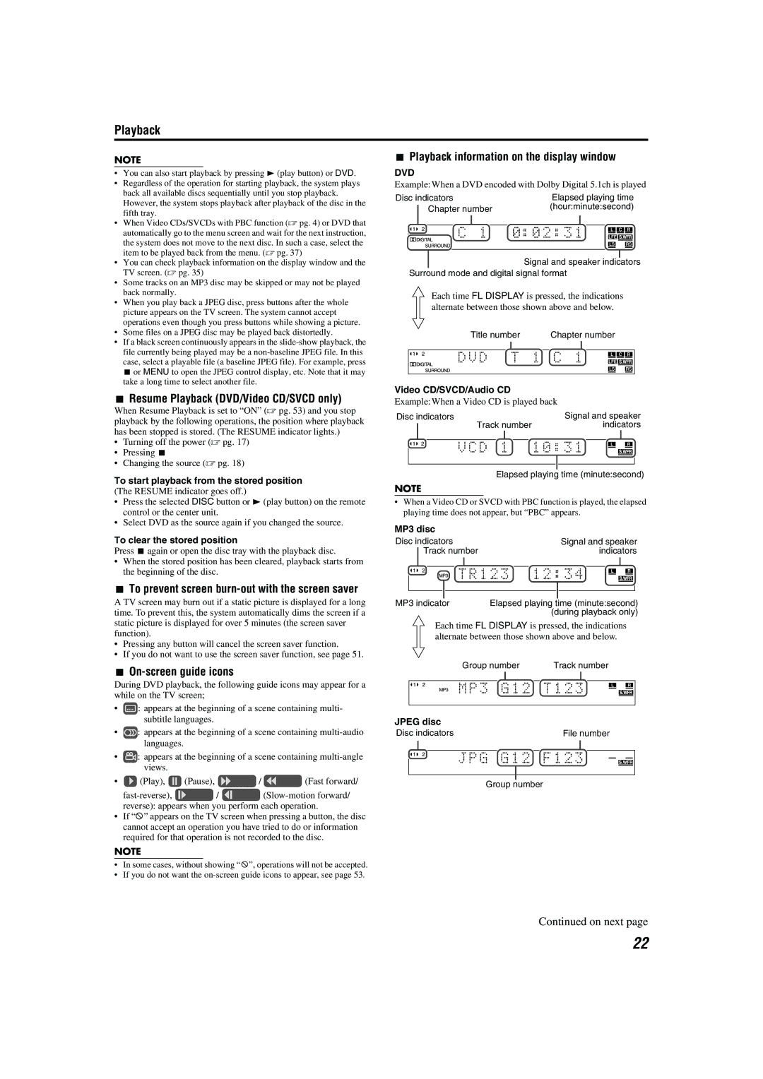 JVC M45 manual Resume Playback DVD/Video CD/SVCD only, On-screen guide icons, Playback information on the display window 