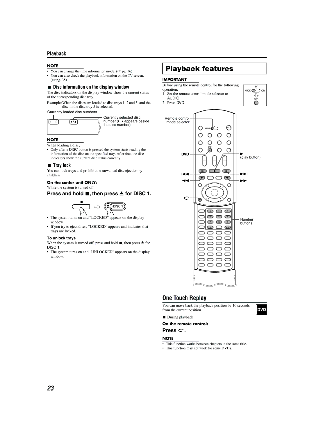 JVC M45 manual Playback features, One Touch Replay, Press and hold 7, then press 0for Disc, Tray lock 