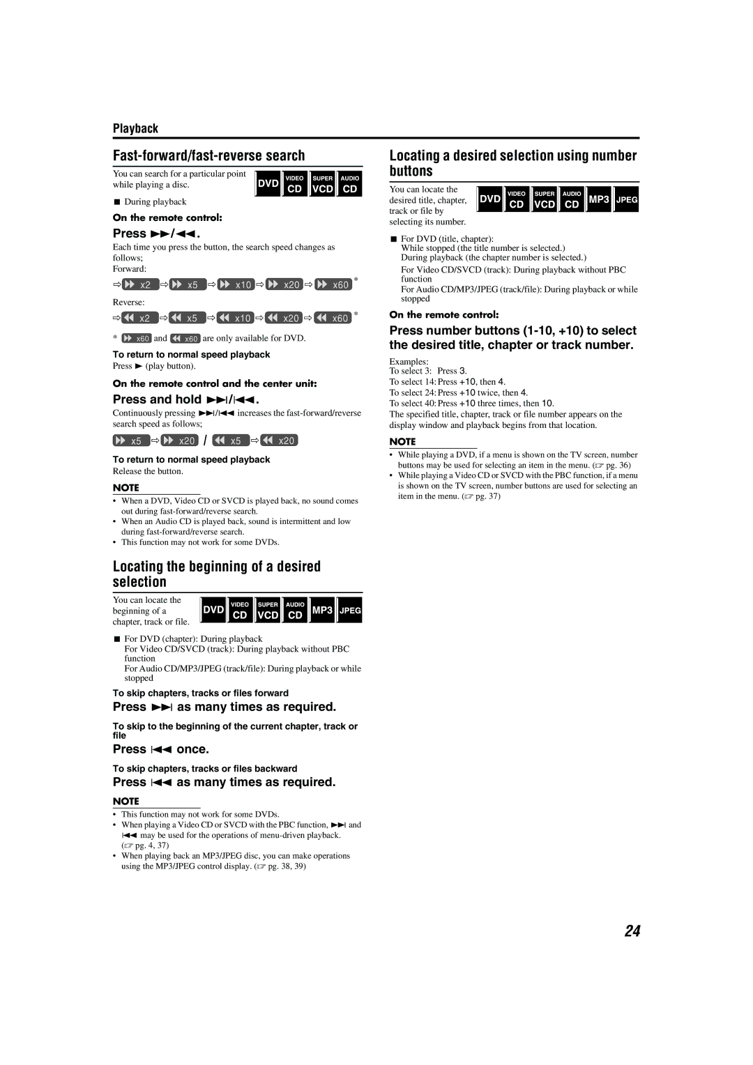 JVC M45 manual Fast-forward/fast-reverse search, Locating the beginning of a desired selection 