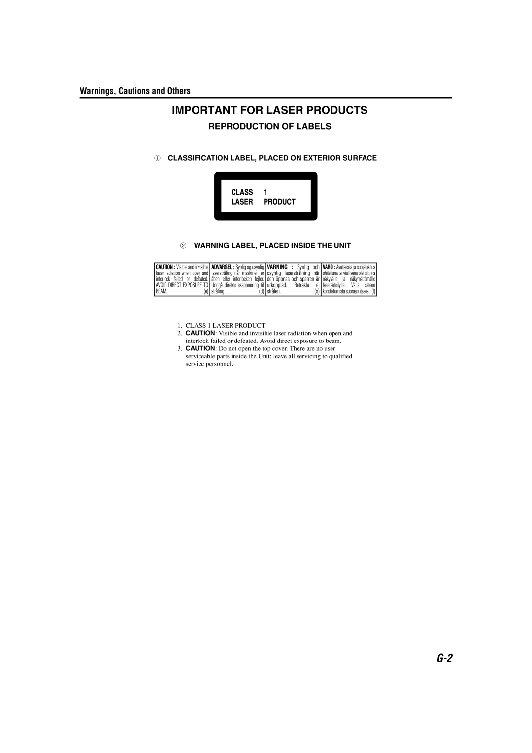 JVC M45 manual Important for Laser Products, Class 1 Laser Product 