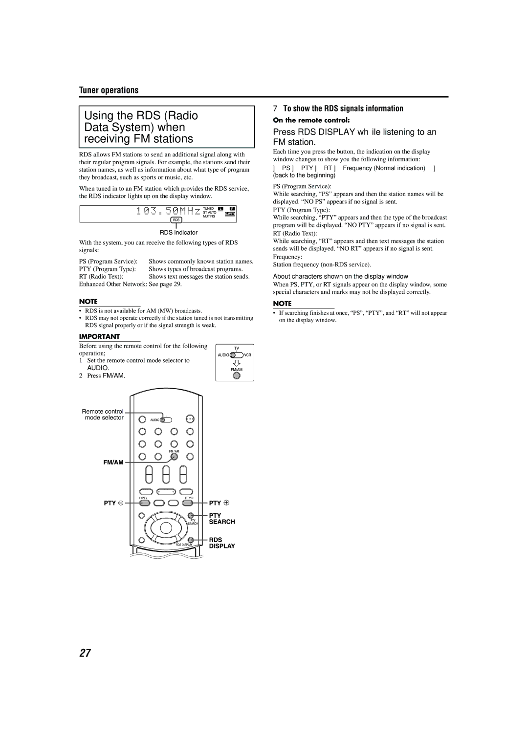 JVC M45 Using the RDS Radio Data System when receiving FM stations, Press RDS Display while listening to an FM station 