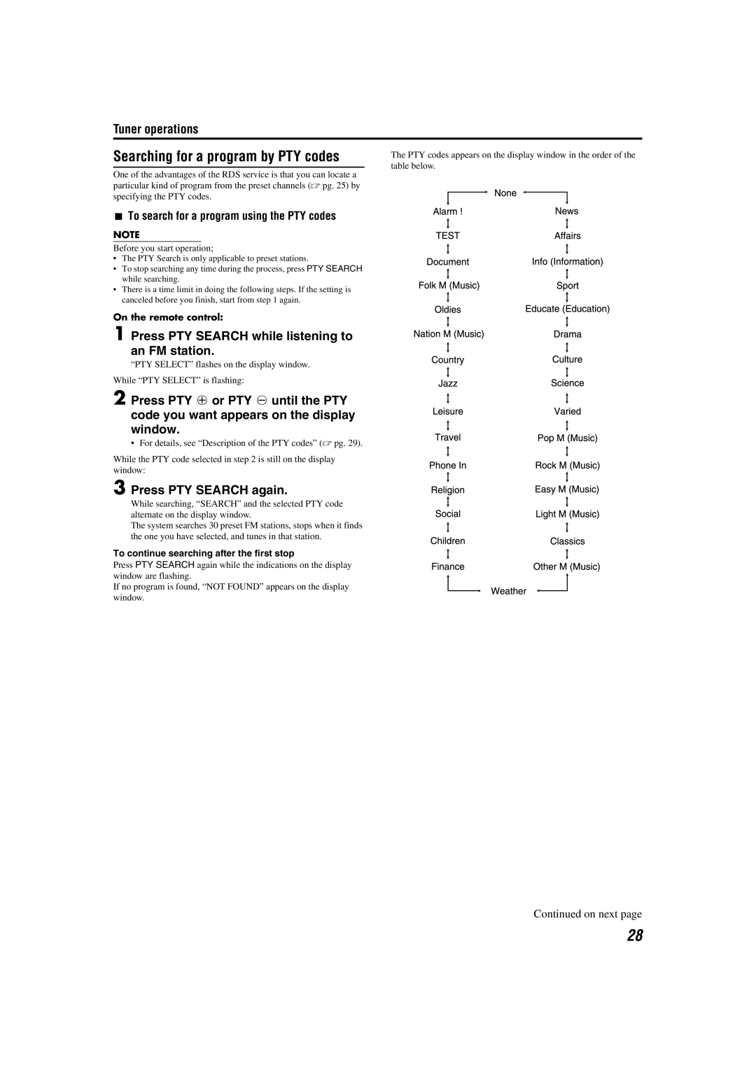 JVC M45 manual Press PTY Search while listening to an FM station, Press PTY Search again 