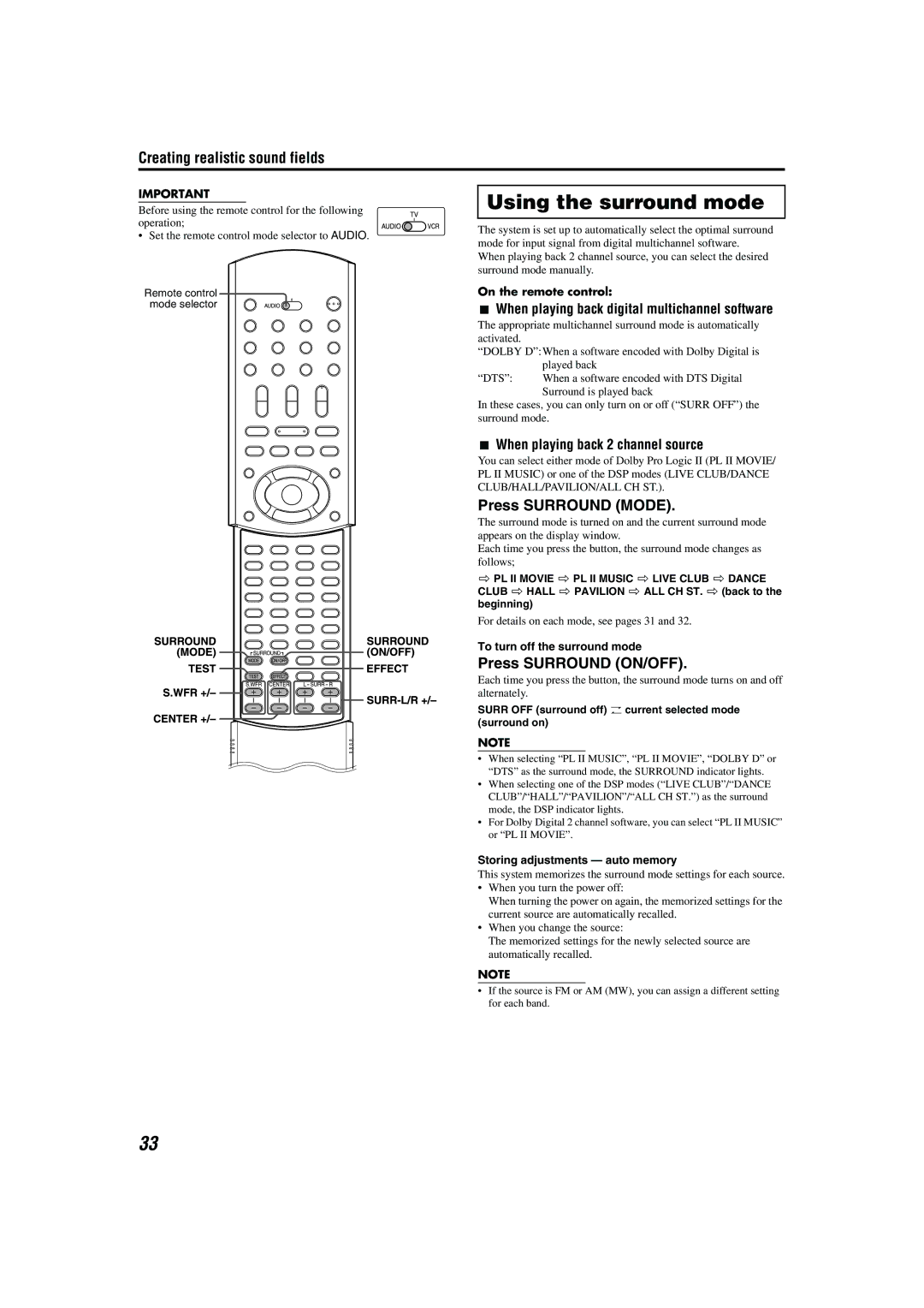 JVC M45 manual Using the surround mode, Press Surround Mode, Press Surround ON/OFF, When playing back 2 channel source 