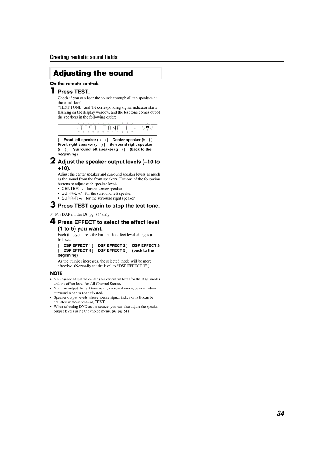 JVC M45 manual Adjusting the sound, Press Test, Adjust the speaker output levels -10 to +10 