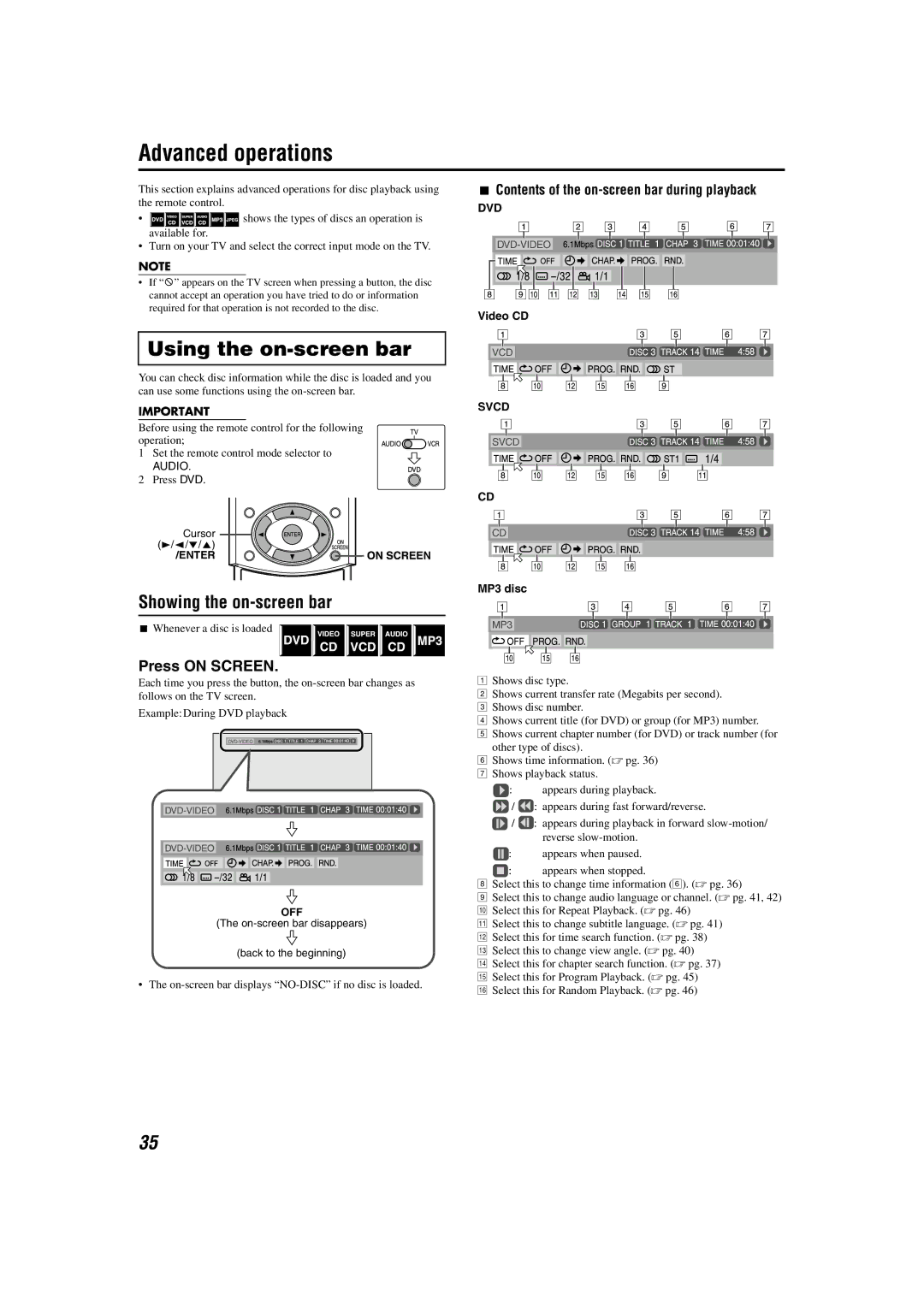 JVC M45 manual Advanced operations, Using the on-screen bar, Showing the on-screen bar, Press on Screen 