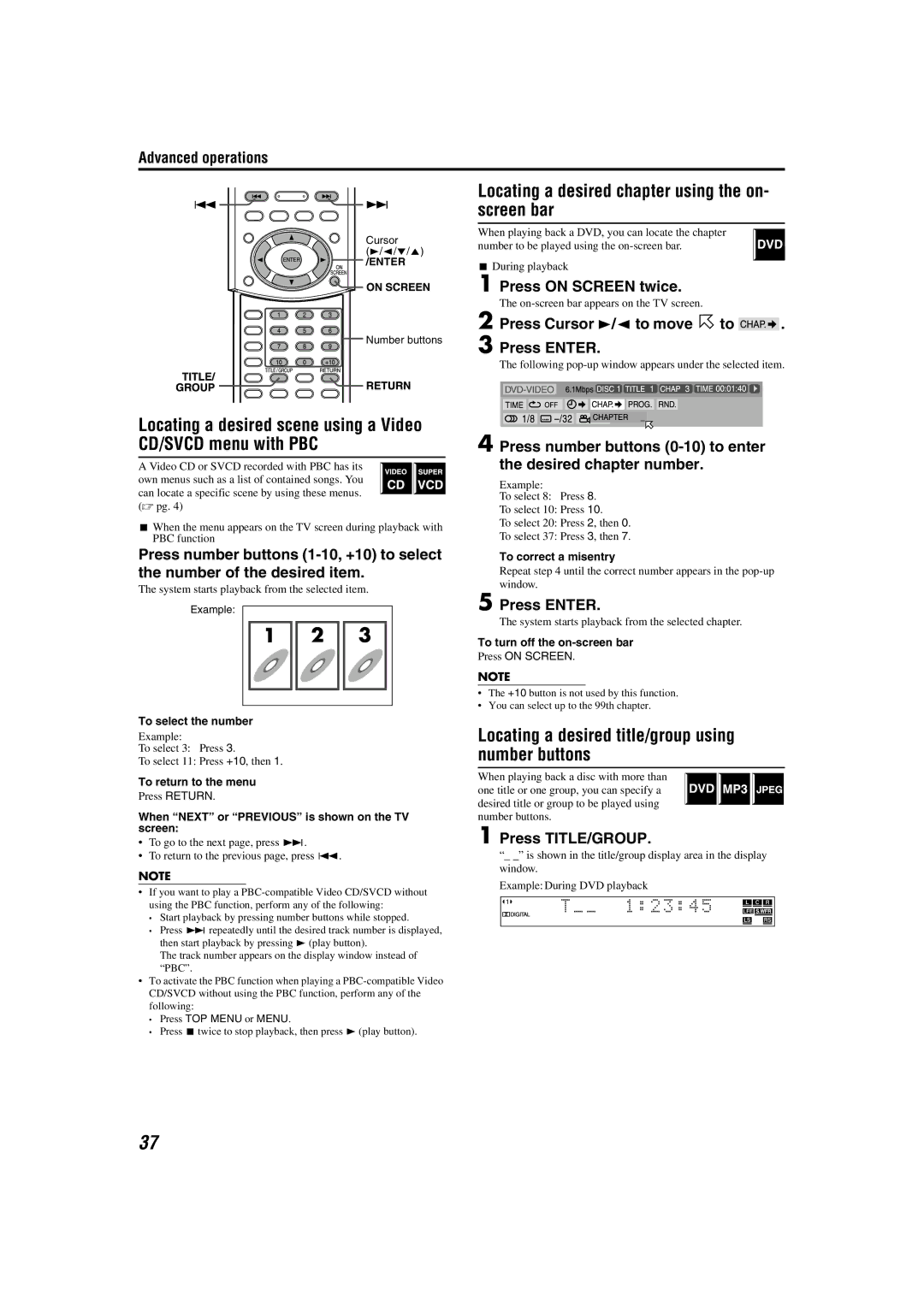 JVC M45 manual Locating a desired chapter using the on- screen bar, Locating a desired title/group using number buttons 