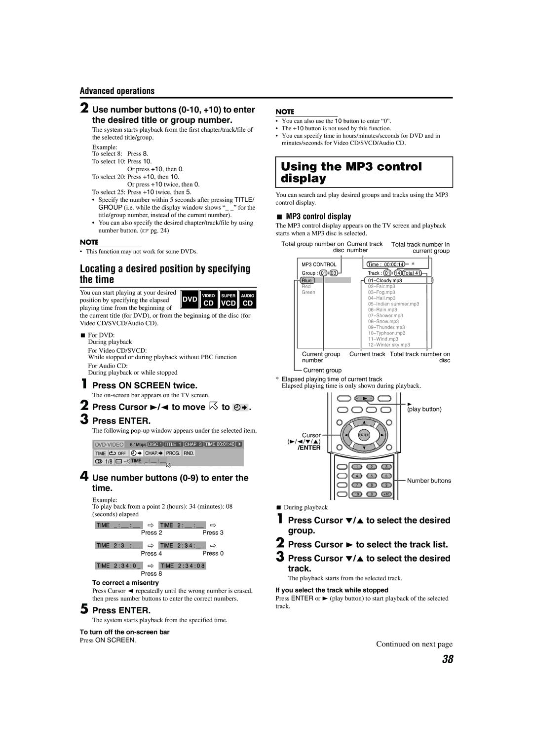 JVC M45 manual Using the MP3 control, Display, Locating a desired position by specifying the time, MP3 control display 