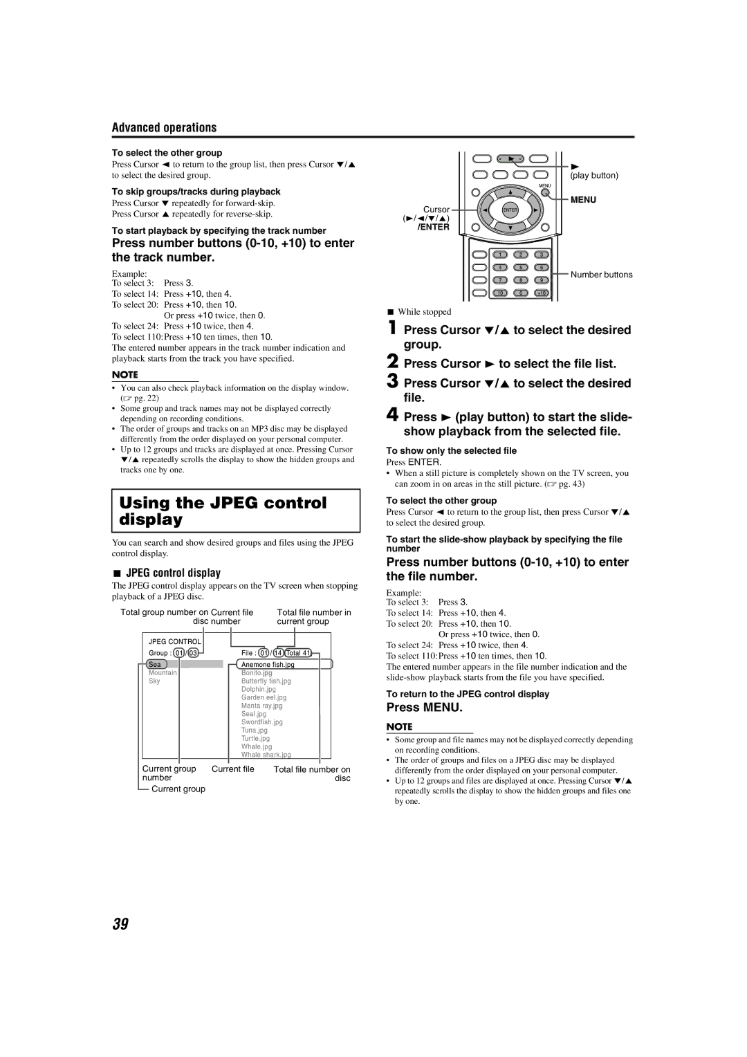 JVC M45 manual Using the Jpeg control display, Press number buttons 0-10, +10 to enter the track number, Press Menu 