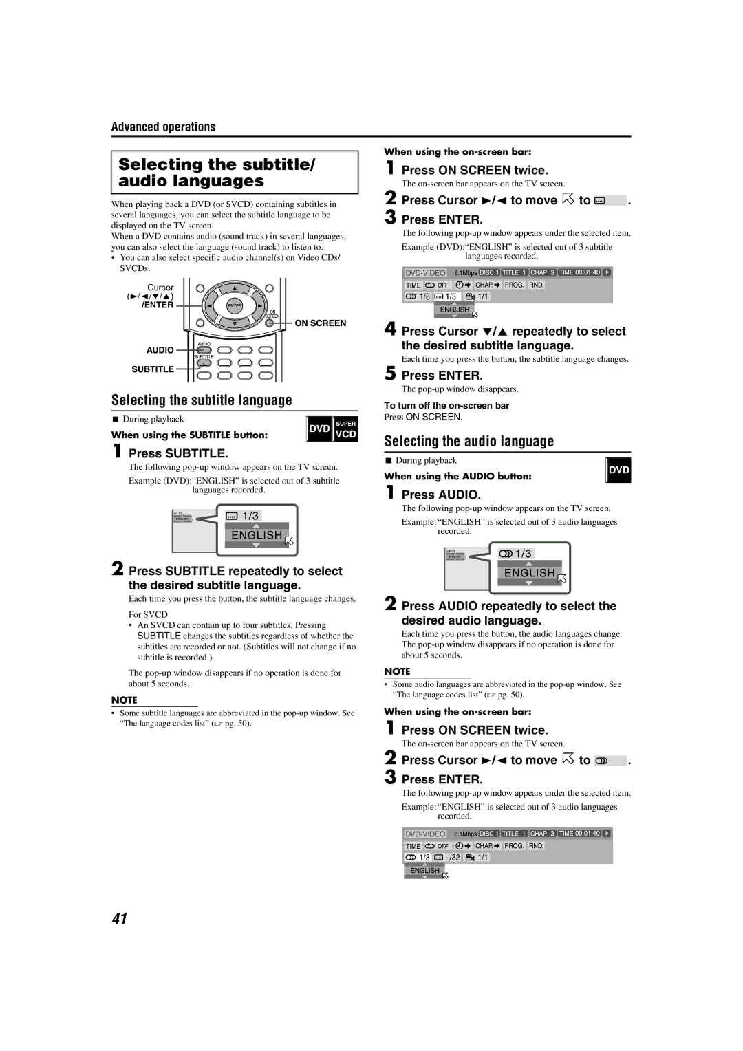 JVC M45 manual Selecting the subtitle/ audio languages, Selecting the subtitle language, Selecting the audio language 