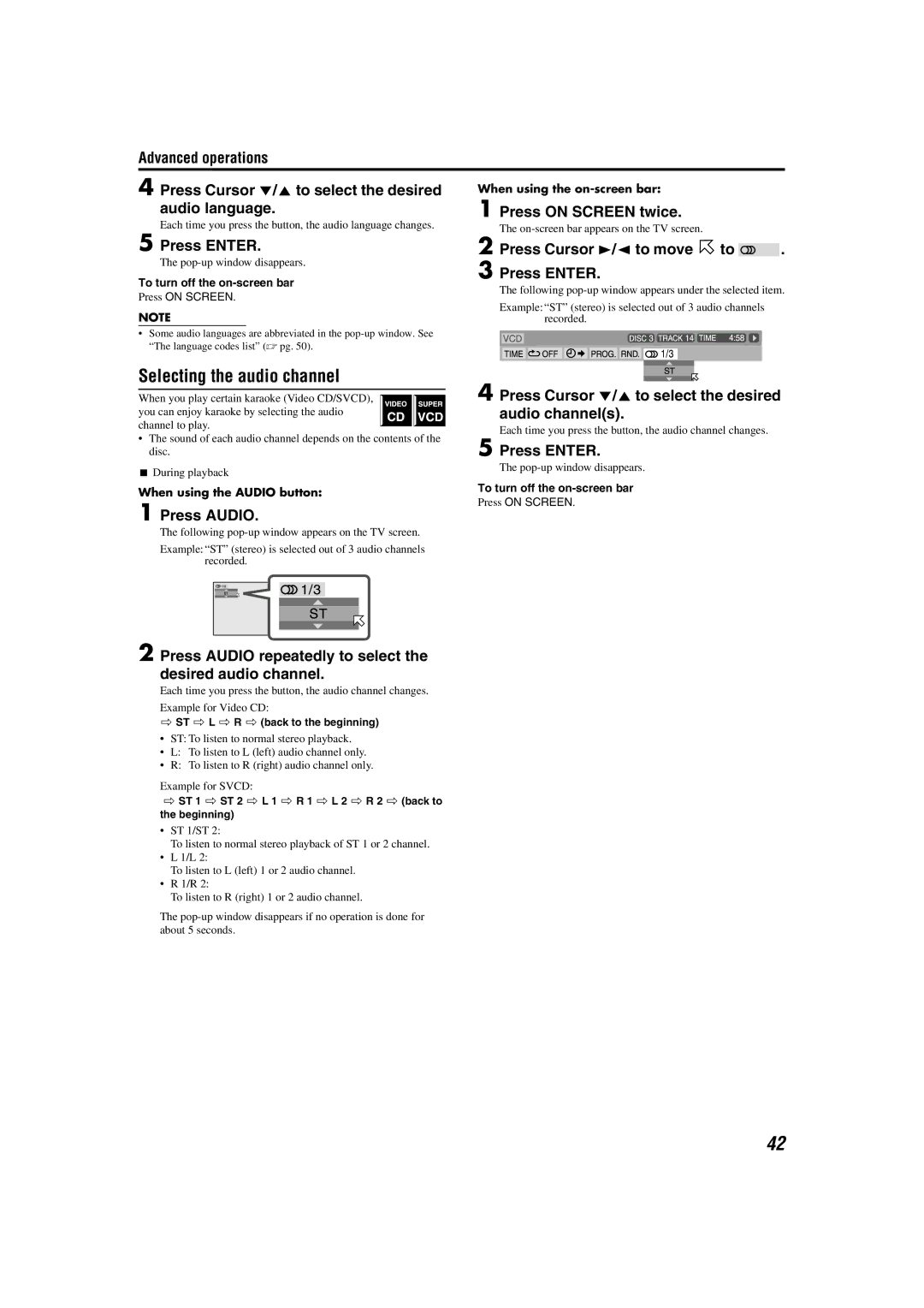 JVC M45 manual Selecting the audio channel, Advanced operations Press Cursor //5to select the desired 