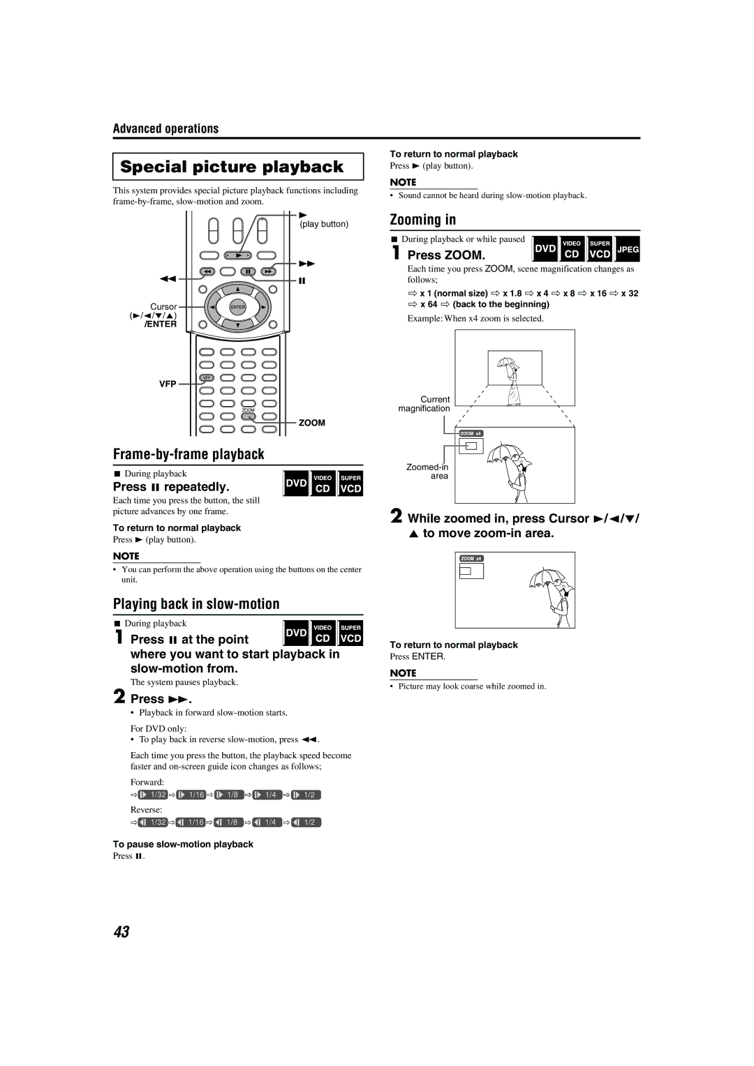 JVC M45 manual Special picture playback, Frame-by-frame playback, Playing back in slow-motion, Zooming 