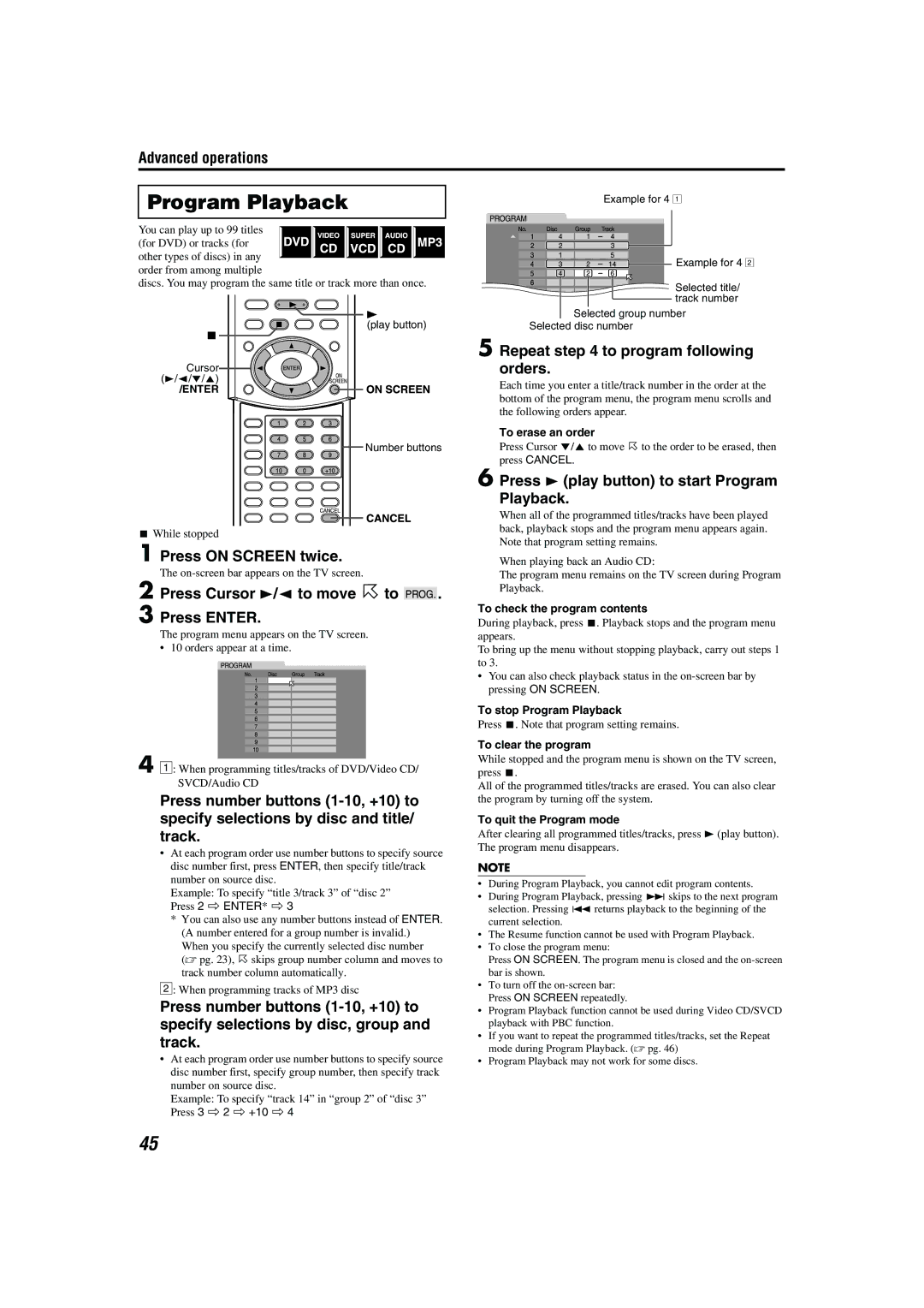 JVC M45 manual Repeat to program following orders, Press 3 play button to start Program Playback 