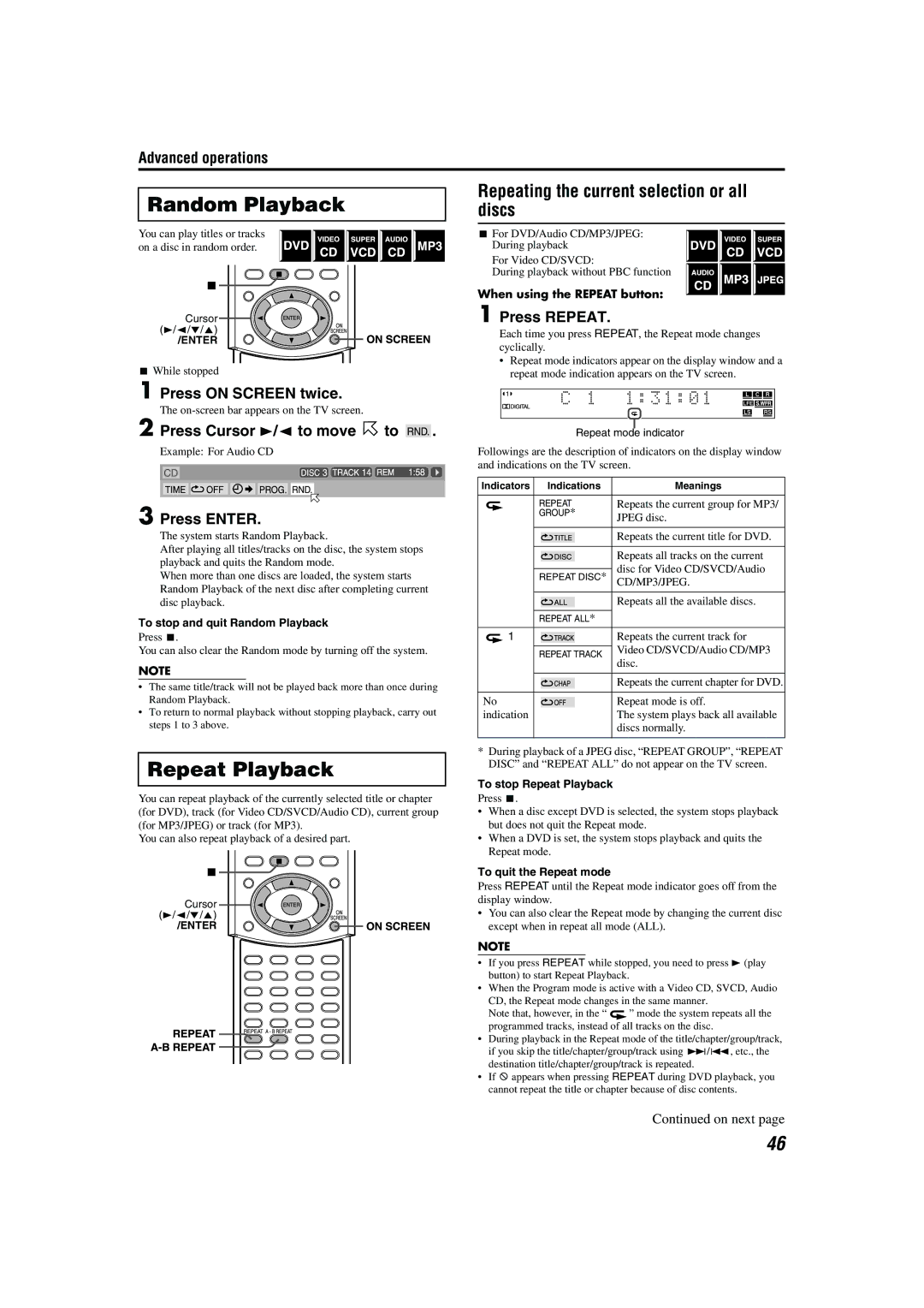 JVC M45 manual Random Playback, Repeat Playback, Repeating the current selection or all discs, Press Repeat 