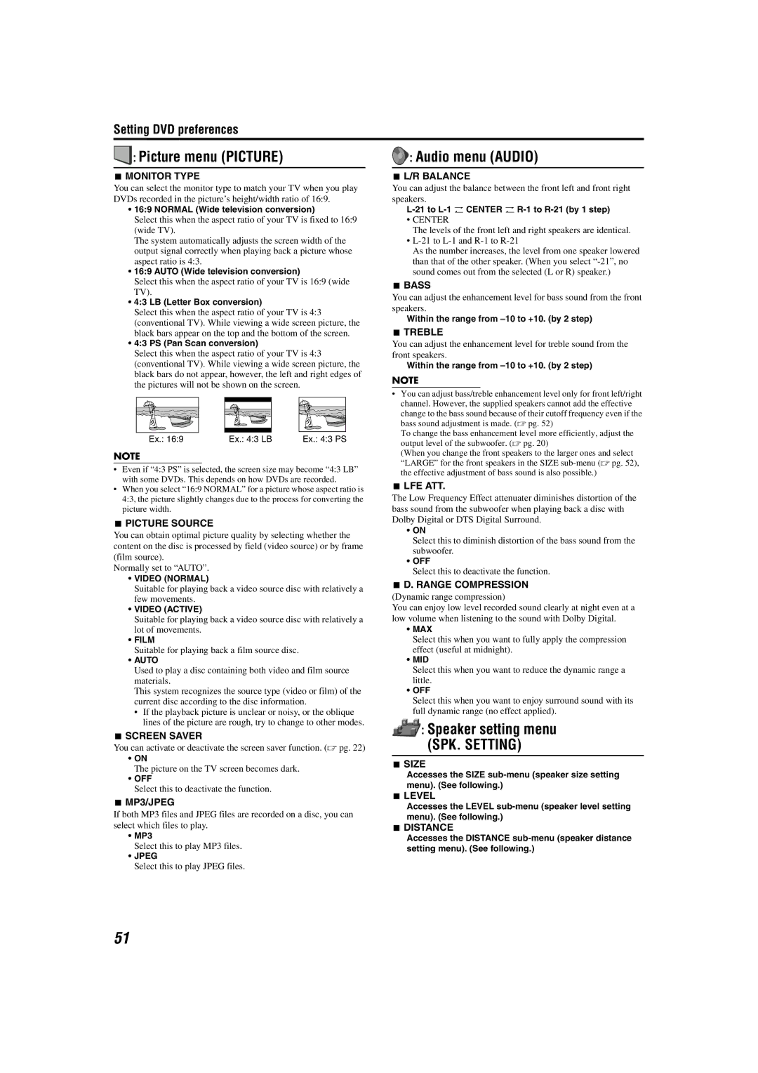 JVC M45 manual Picture menu Picture, Audio menu Audio, Speaker setting menu, Center 