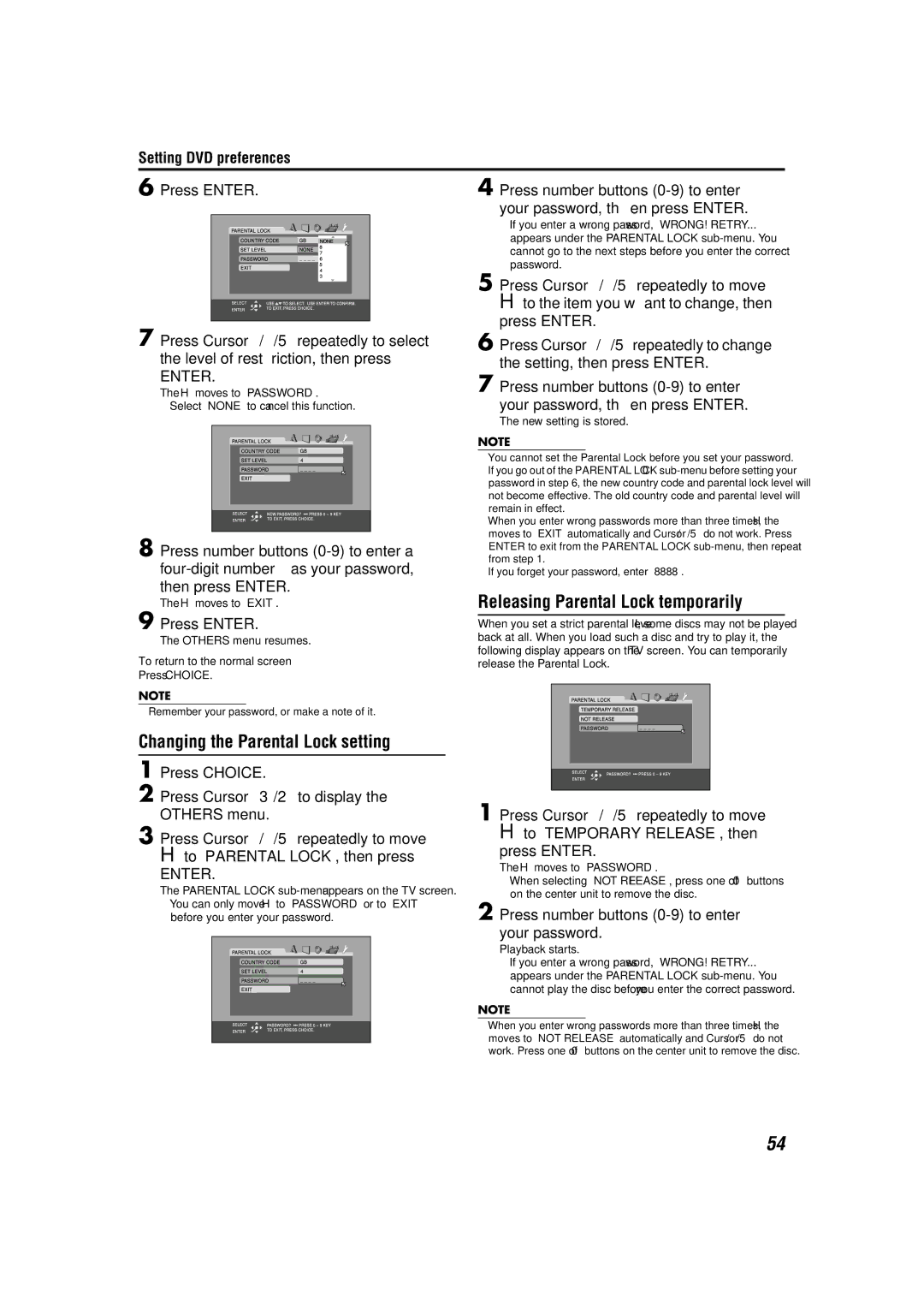 JVC M45 manual Changing the Parental Lock setting, Releasing Parental Lock temporarily 