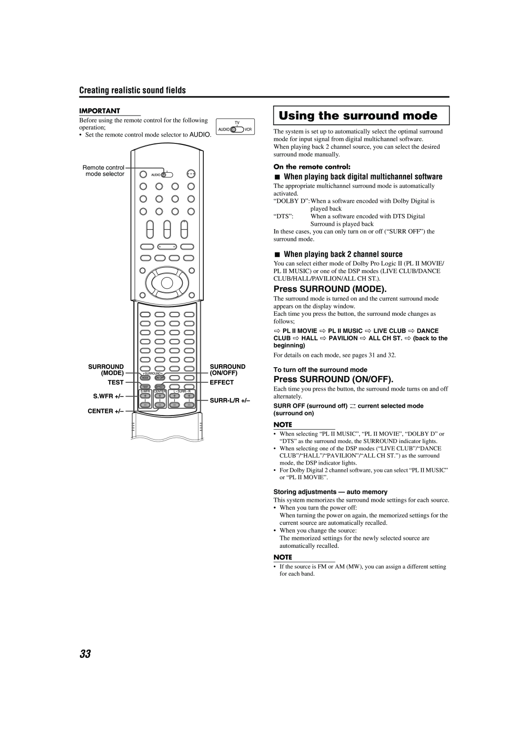JVC M45 manual Using the surround mode, Press SURROUND MODE, Press SURROUND ON/OFF, 7When playing back 2 channel source 