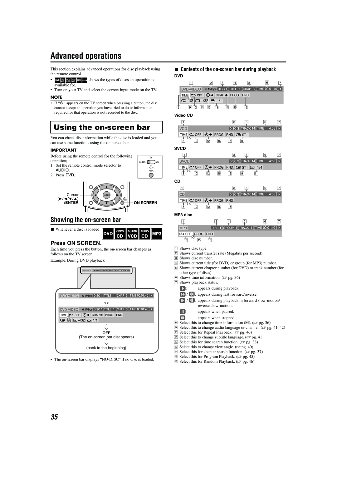 JVC M45 manual Advanced operations, Using the on-screenbar, Showing the on-screenbar, Press ON SCREEN 