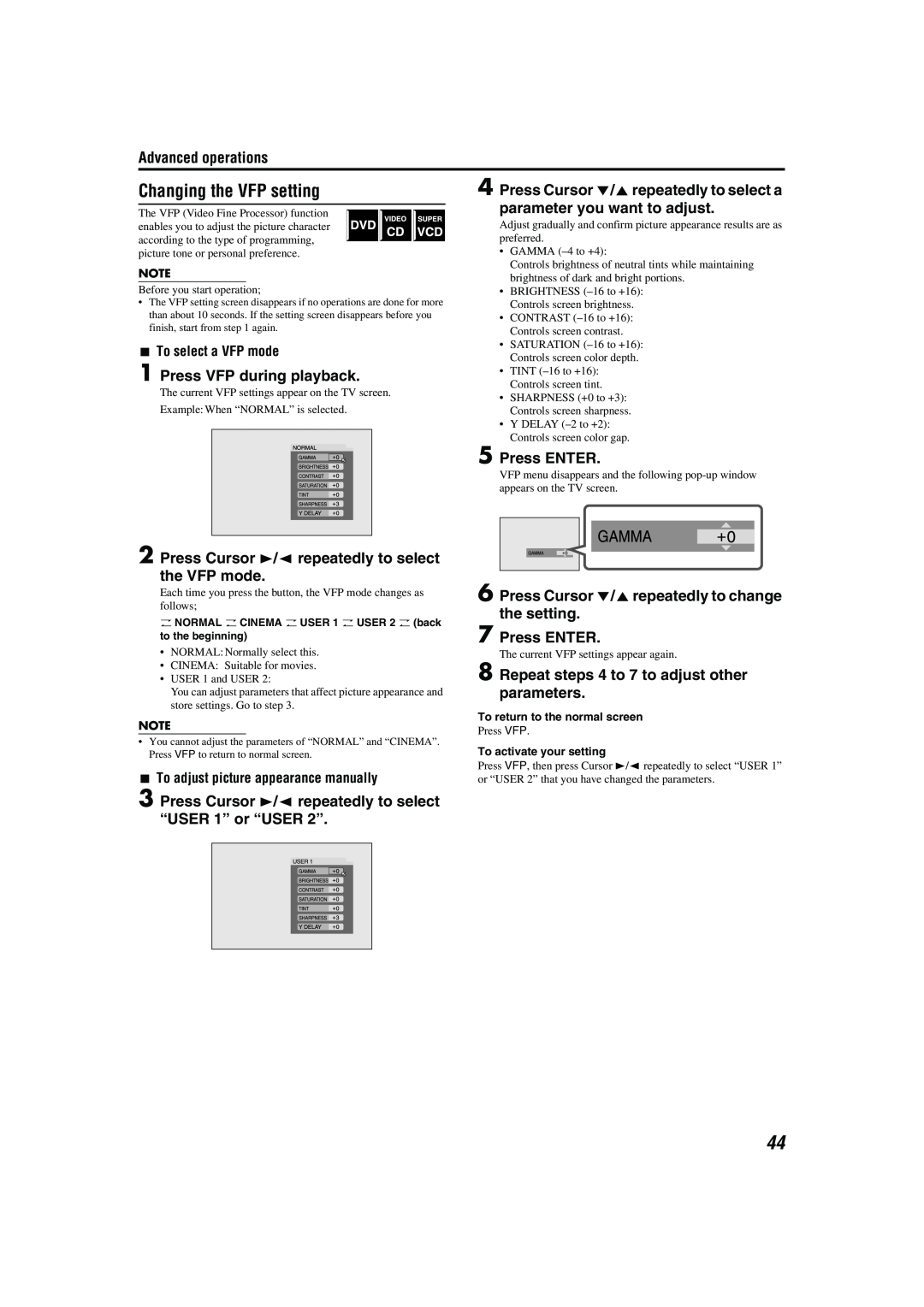JVC M45 manual Changing the VFP setting, Press Cursor //5repeatedly to select a, parameter you want to adjust, Press ENTER 