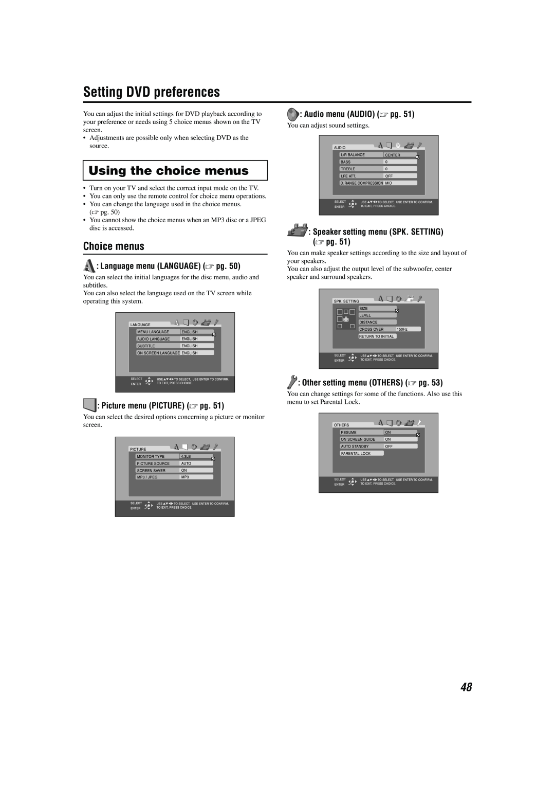 JVC M45 Setting DVD preferences, Using the choice menus, Choice menus, Language menu LANGUAGE A pg, Audio menu AUDIO A pg 