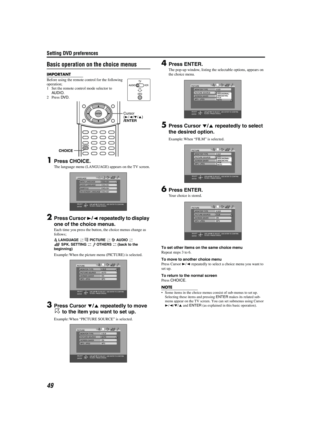 JVC M45 manual Basic operation on the choice menus, Press ENTER, Press CHOICE, Press Cursor //5 repeatedly to move 