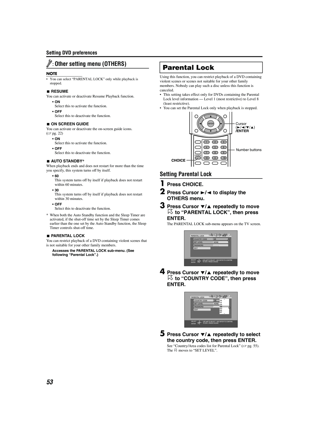 JVC M45 manual Other setting menu OTHERS, Setting Parental Lock, Press CHOICE 2 Press Cursor 3/2 to display the, Enter 