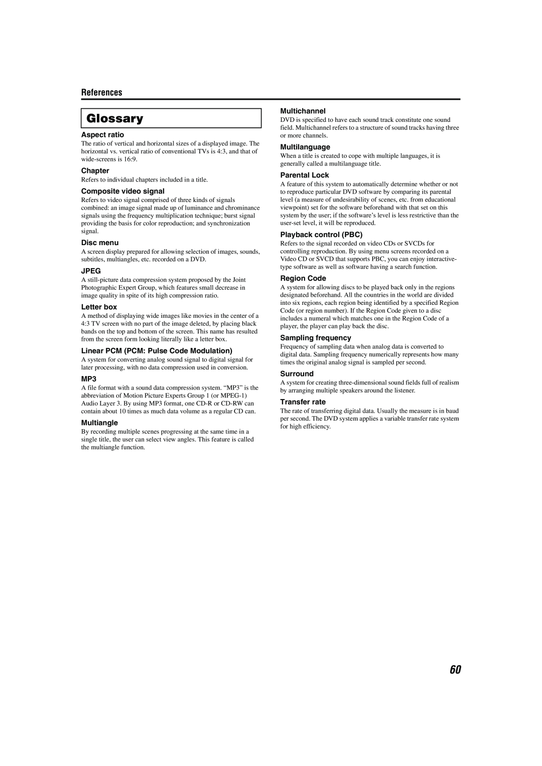 JVC M45 manual Glossary, References 