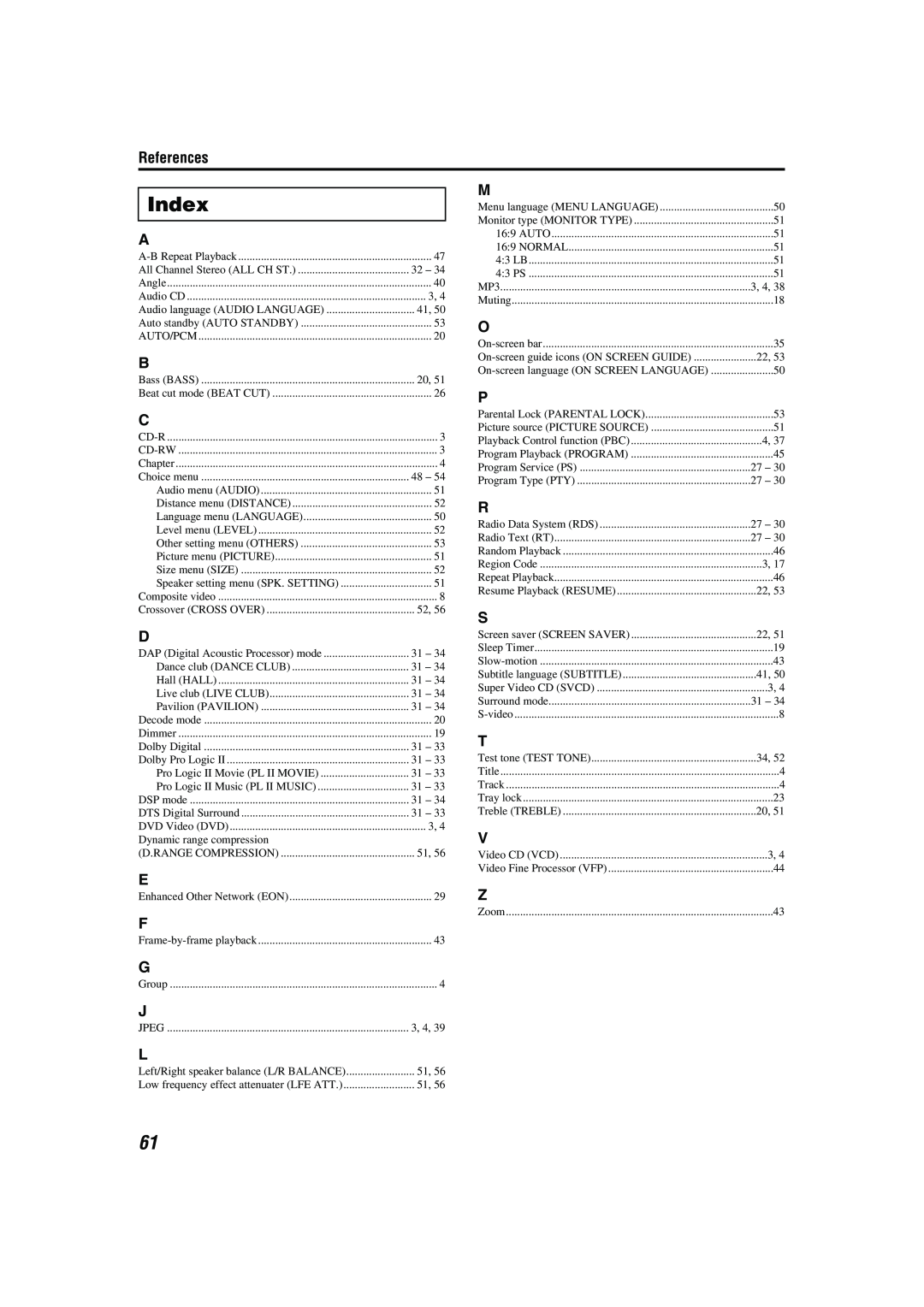 JVC M45 manual Index, References 