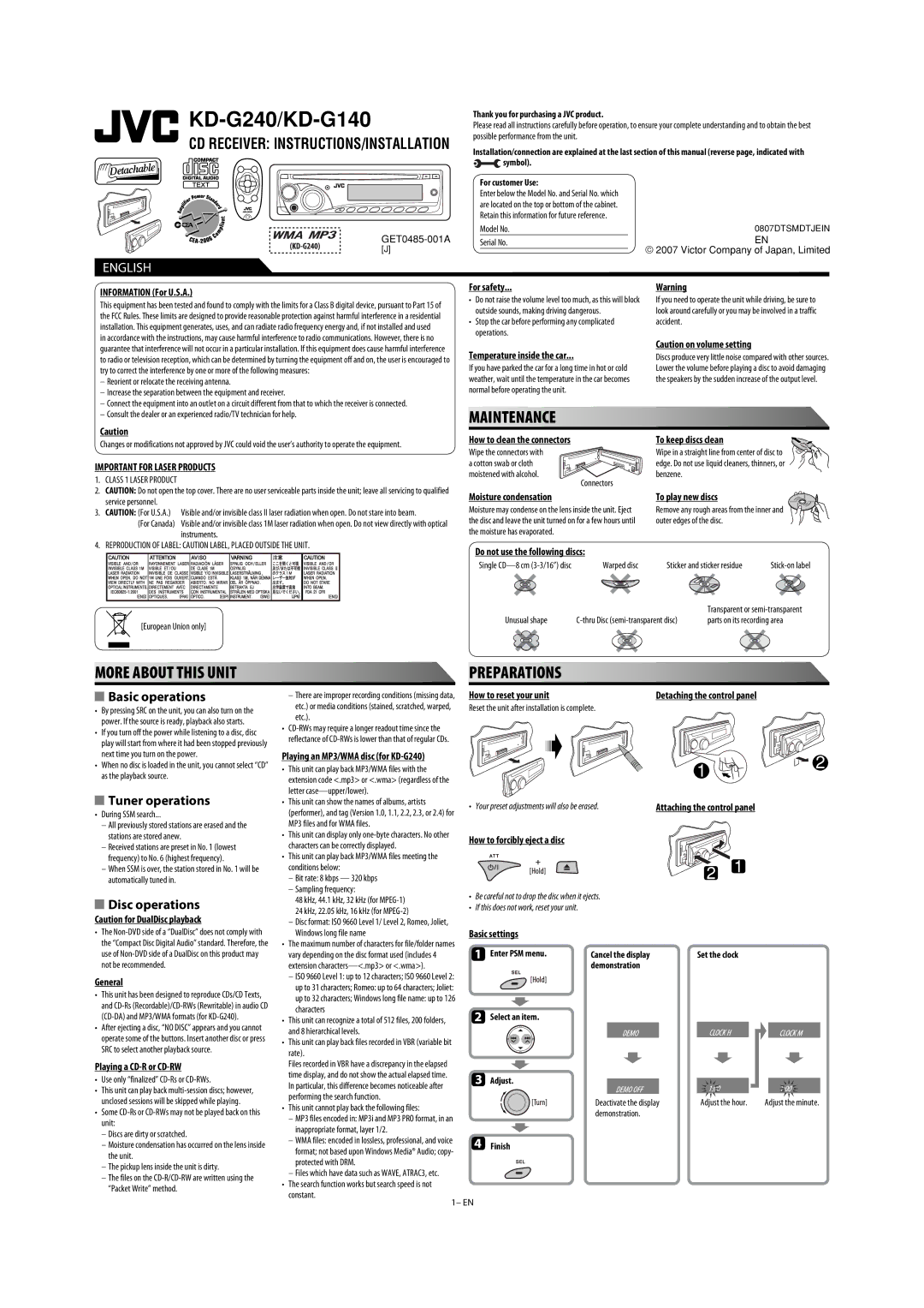 JVC MA372IEN user service Information For U.S.A, For safety, Temperature inside the car, To keep discs clean, General 