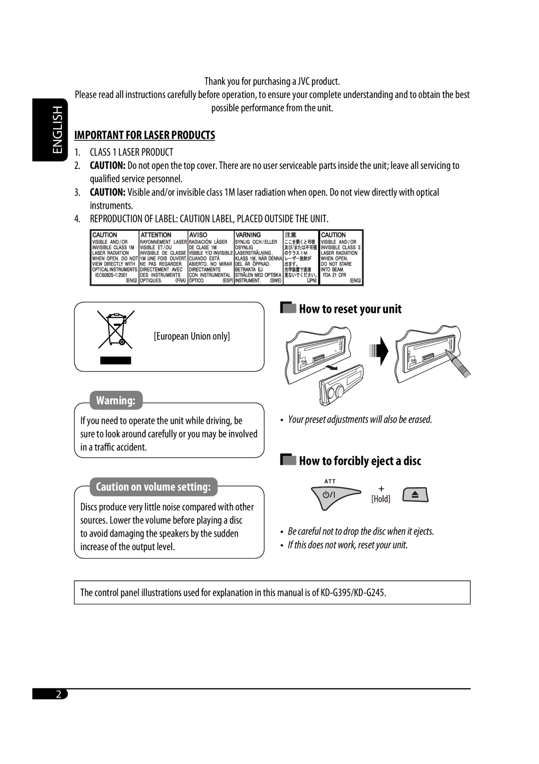 JVC MA372IEN user service How to reset your unit, How to forcibly eject a disc, Thank you for purchasing a JVC product 