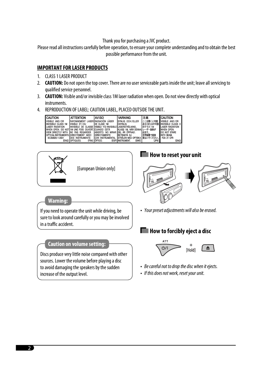 JVC MA372IEN user service How to reset your unit 