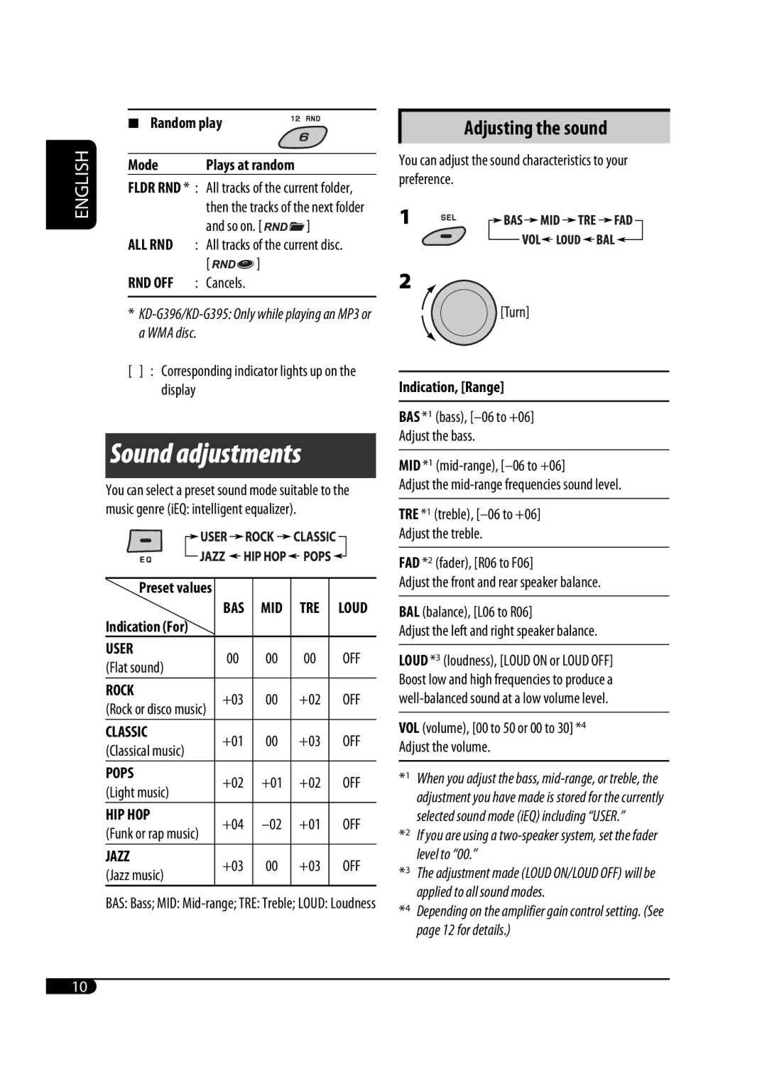 JVC MA372IEN user service Sound adjustments, Random play Mode, Indication, Range 