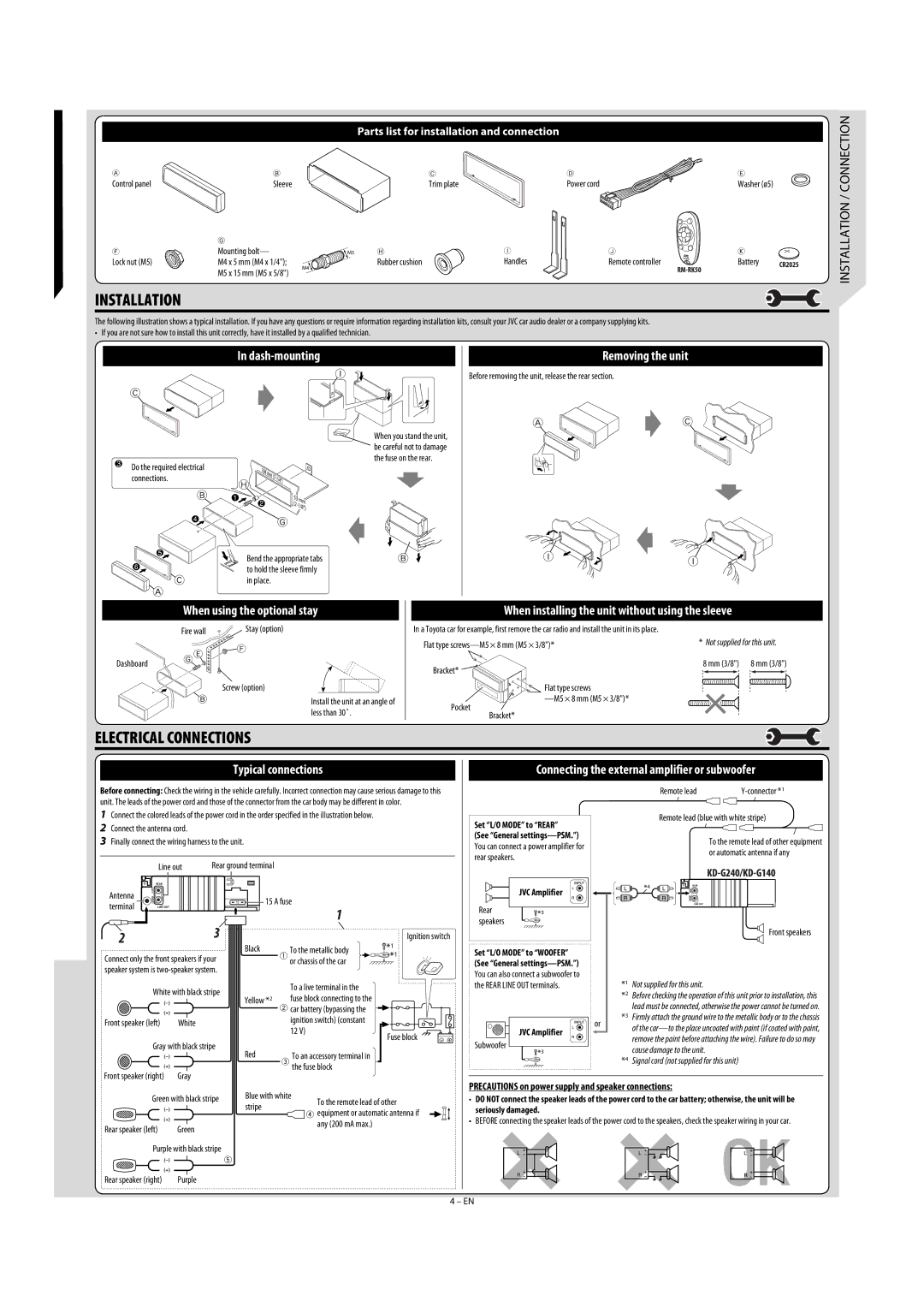 JVC MA372IEN user service Precautions on power supply and speaker connections, Set L/O Mode to Rear, JVC Amplifier 