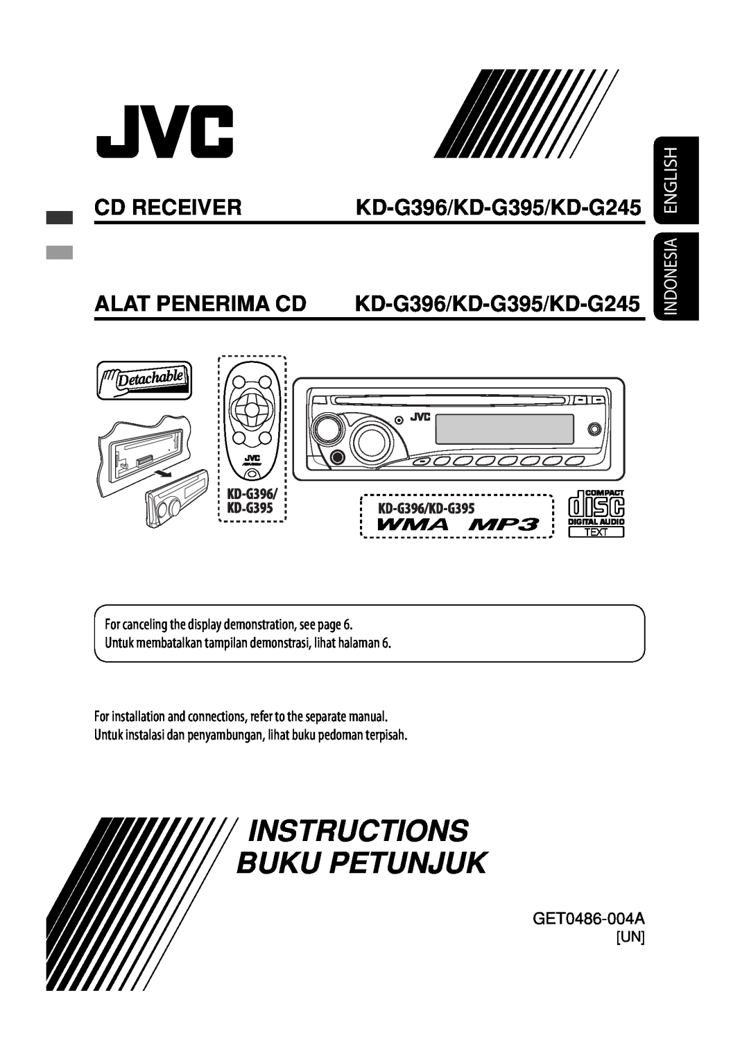 JVC MA372IEN Instructions Buku Petunjuk, KD-G396/KD-G395/KD-G245, Alat Penerima Cd, Indonesia English, Cd Receiver 