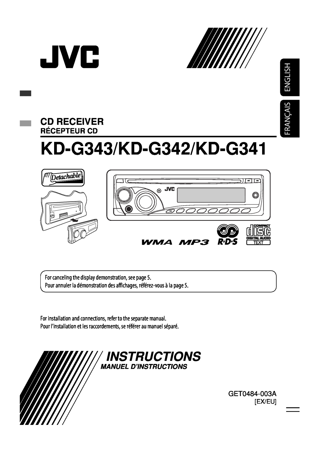 JVC MA372IEN user service KD-G343/KD-G342/KD-G341, Français English, Récepteur Cd, Manuel D’Instructions, Cd Receiver 