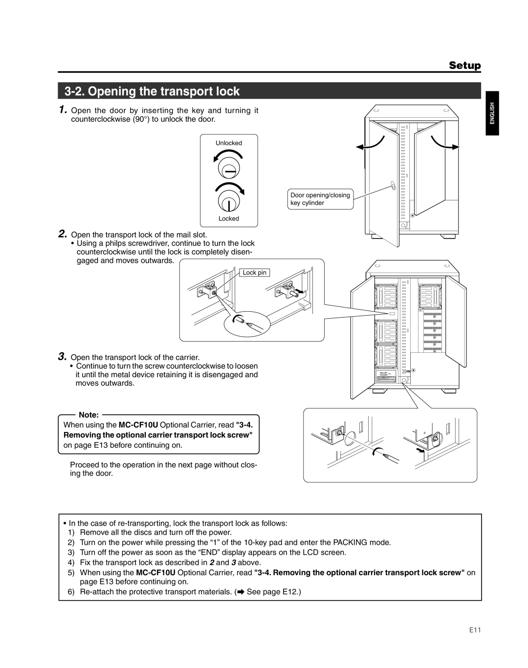 JVC MC-8600LU, MC-8200LU manual Opening the transport lock, Removing the optional carrier transport lock screw 