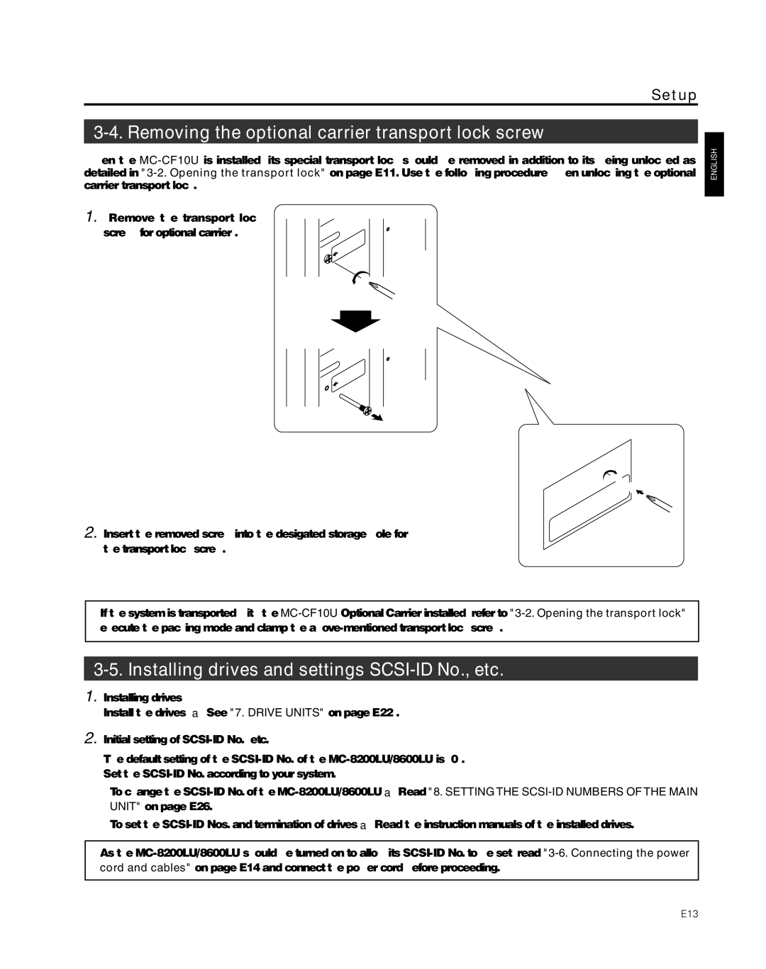 JVC MC-8600LU manual Removing the optional carrier transport lock screw, Installing drives and settings SCSI-ID No., etc 