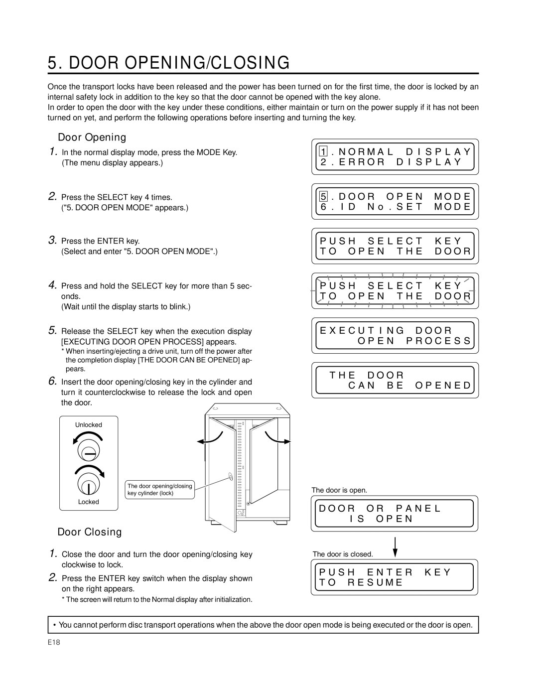 JVC MC-8200LU, MC-8600LU manual Door OPENING/CLOSING, Door Opening 