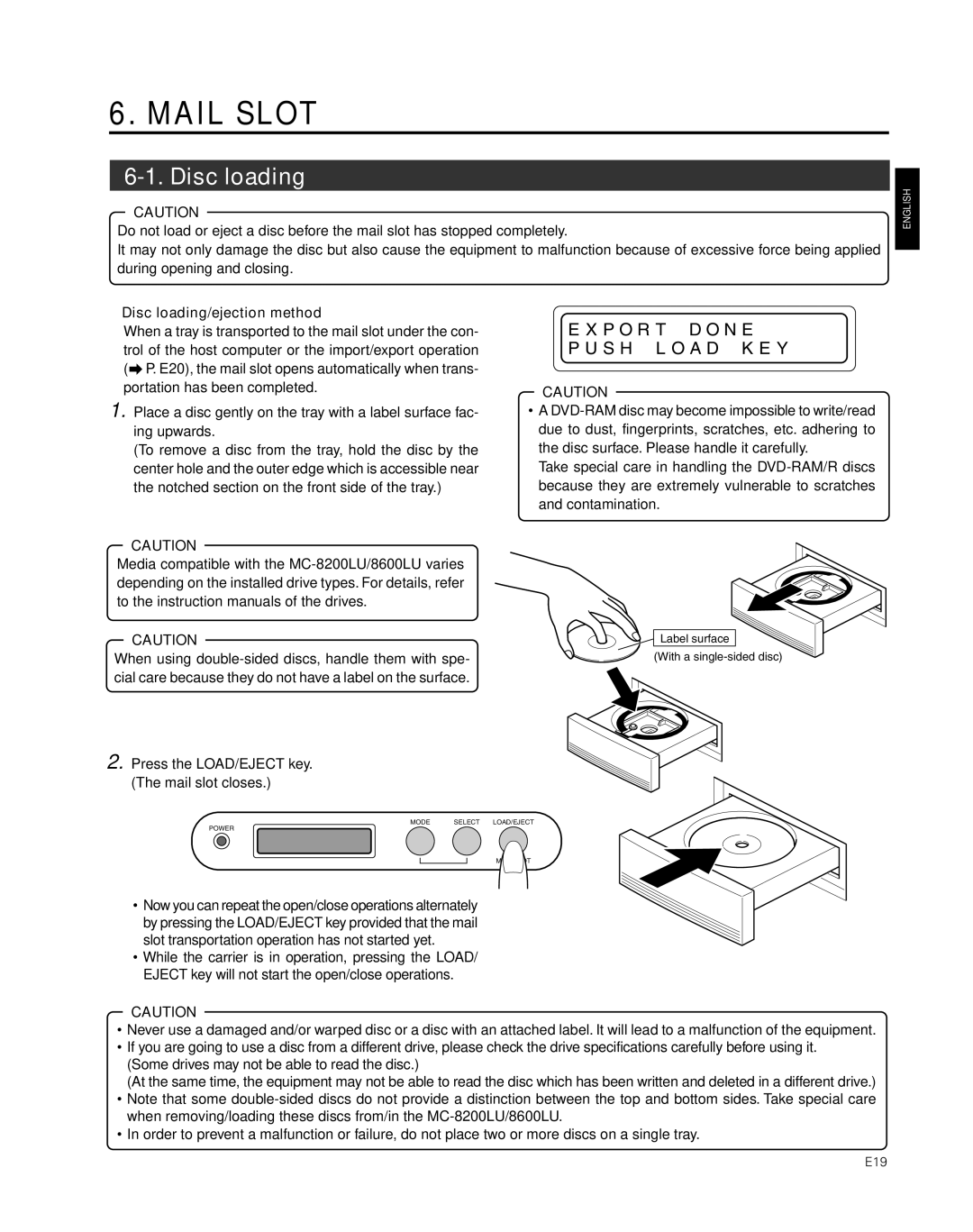 JVC MC-8600LU, MC-8200LU manual Mail Slot, Disc loading/ejection method 