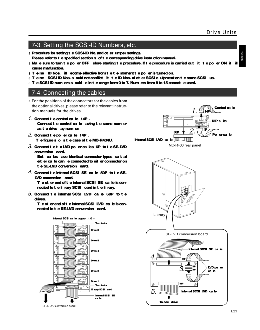JVC MC-8600LU Setting the SCSI-ID Numbers, etc, Connecting the cables, MC-R433 rear panel Library SE-LVD conversion board 